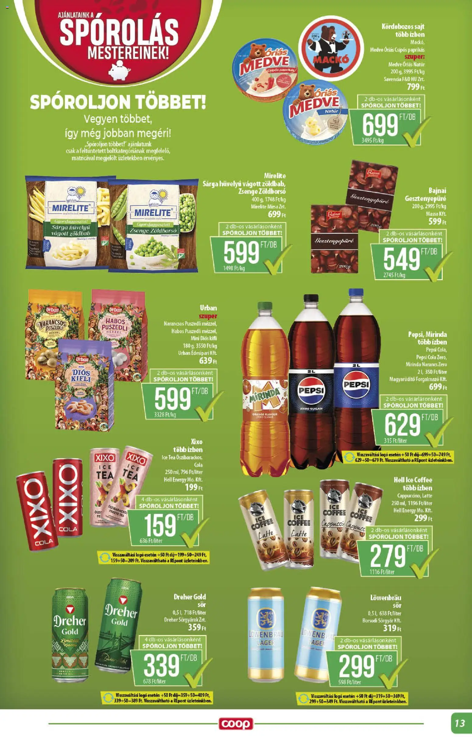 COOP akciós ujság - amely érvényes a következő dátumtól: 13.11.2025 | Oldal: 13 | Termékek: Pepsi, Kifli, Tea, Zöldbab