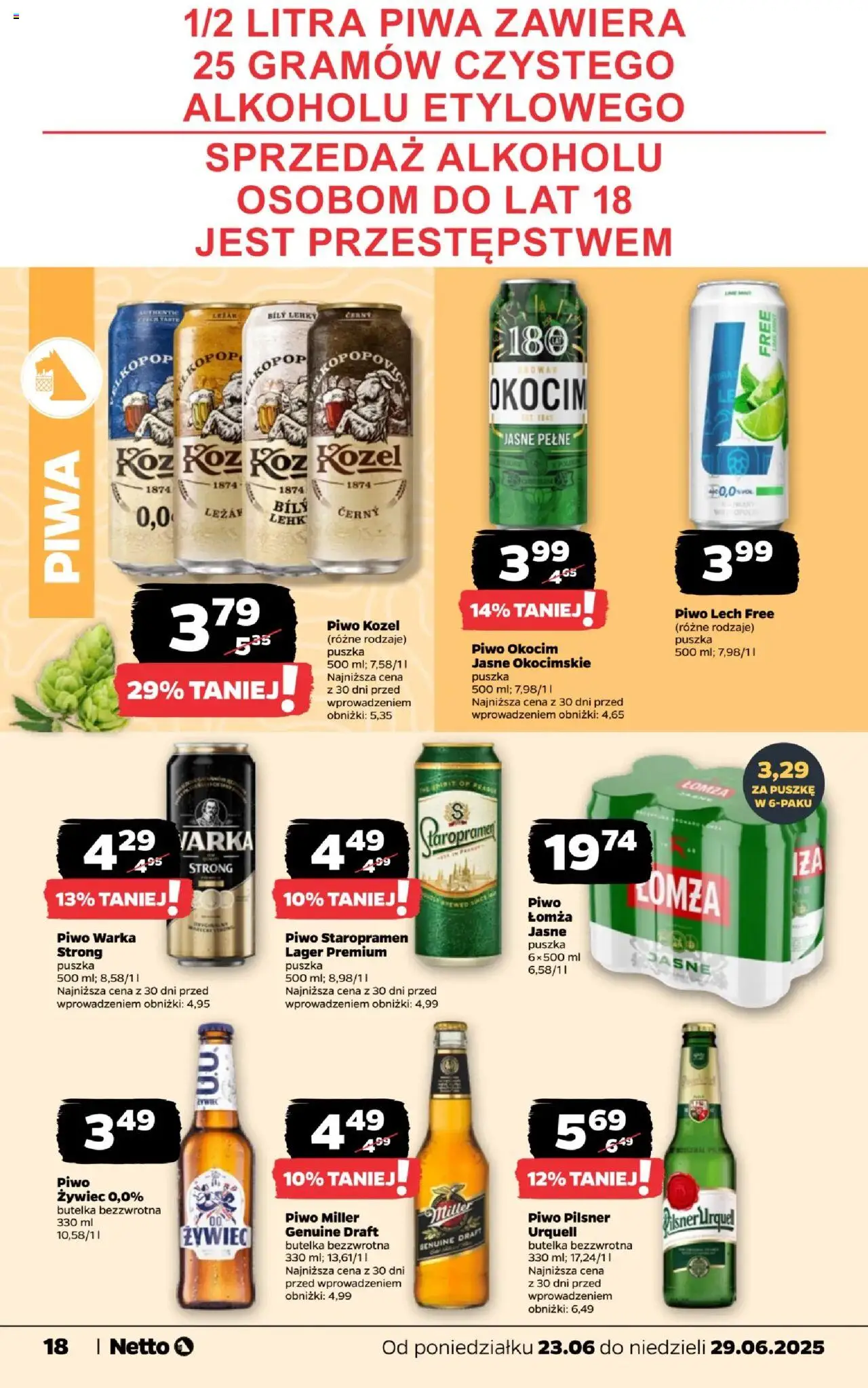 Netto gazetka - Spożywcza od 23.06.2025 | Strona: 18 | Produkty: Warka, Piwo Warka, Piwo Staropramen, Piwo