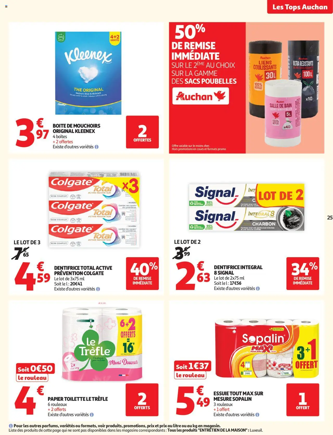 {H1} | Page: 25 | Produits: Sacs poubelles, Rouleau, Dentifrice, Mouchoirs