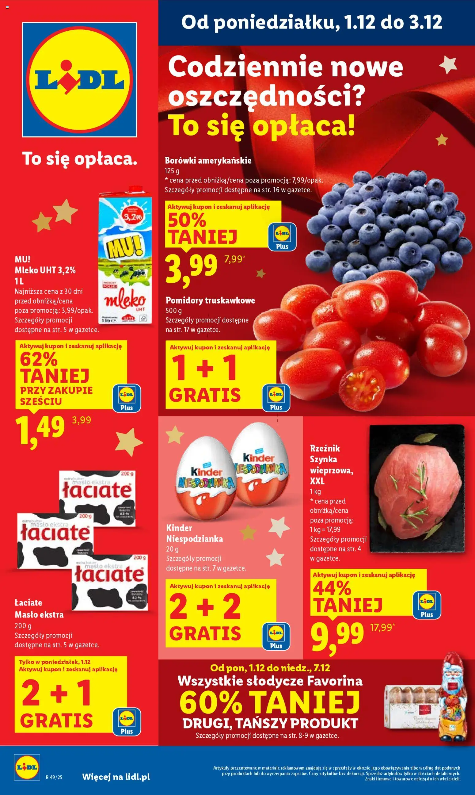 Lidl Gazetka od 01.12.2025 | Strona: 1 | Produkty: Słodycze, Szynka, Mleko, Pomidory