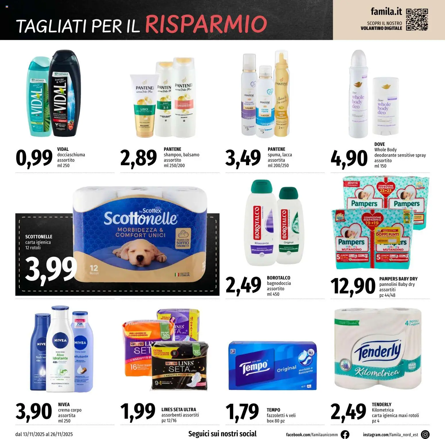 Volantino Famila del 13.11.2025 | Pagina: 26 | Prodotti: Crema, Lacca, Carta igienica, Pampers