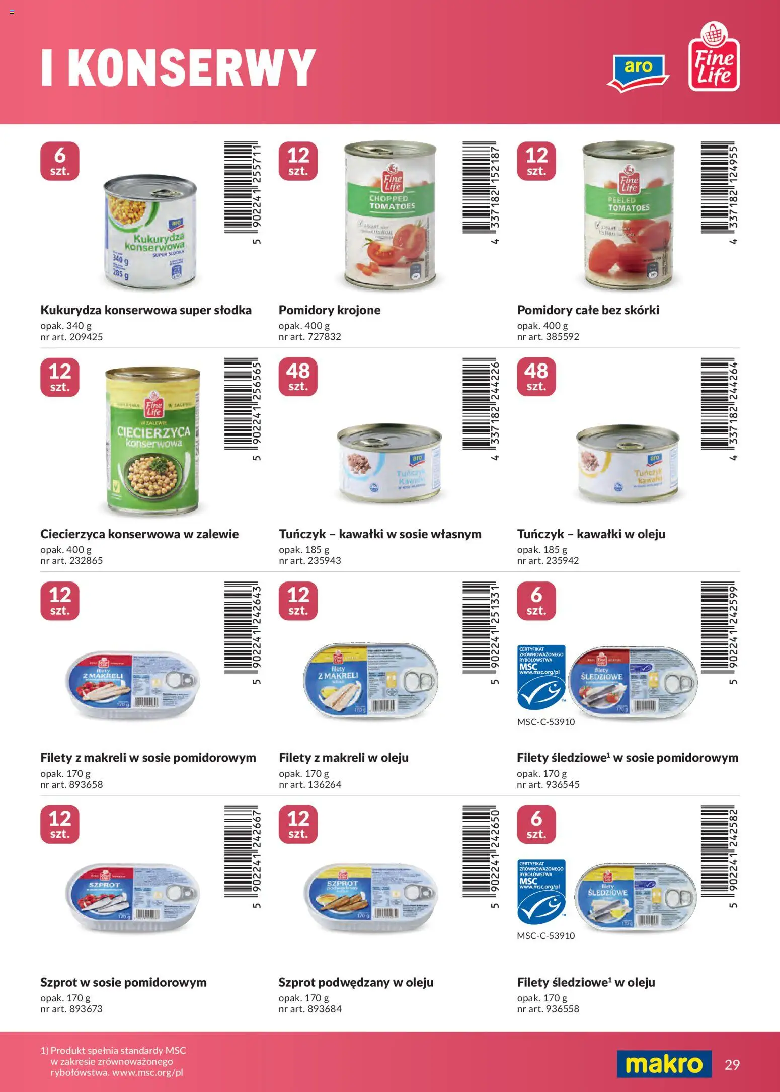Makro gazetka - Marki własne dla Twojego sklepu od 23.04.2026 | Strona: 29 | Produkty: Kukurydza, Tuńczyk, Filety z makreli w sosie pomidorowym, Pomidory