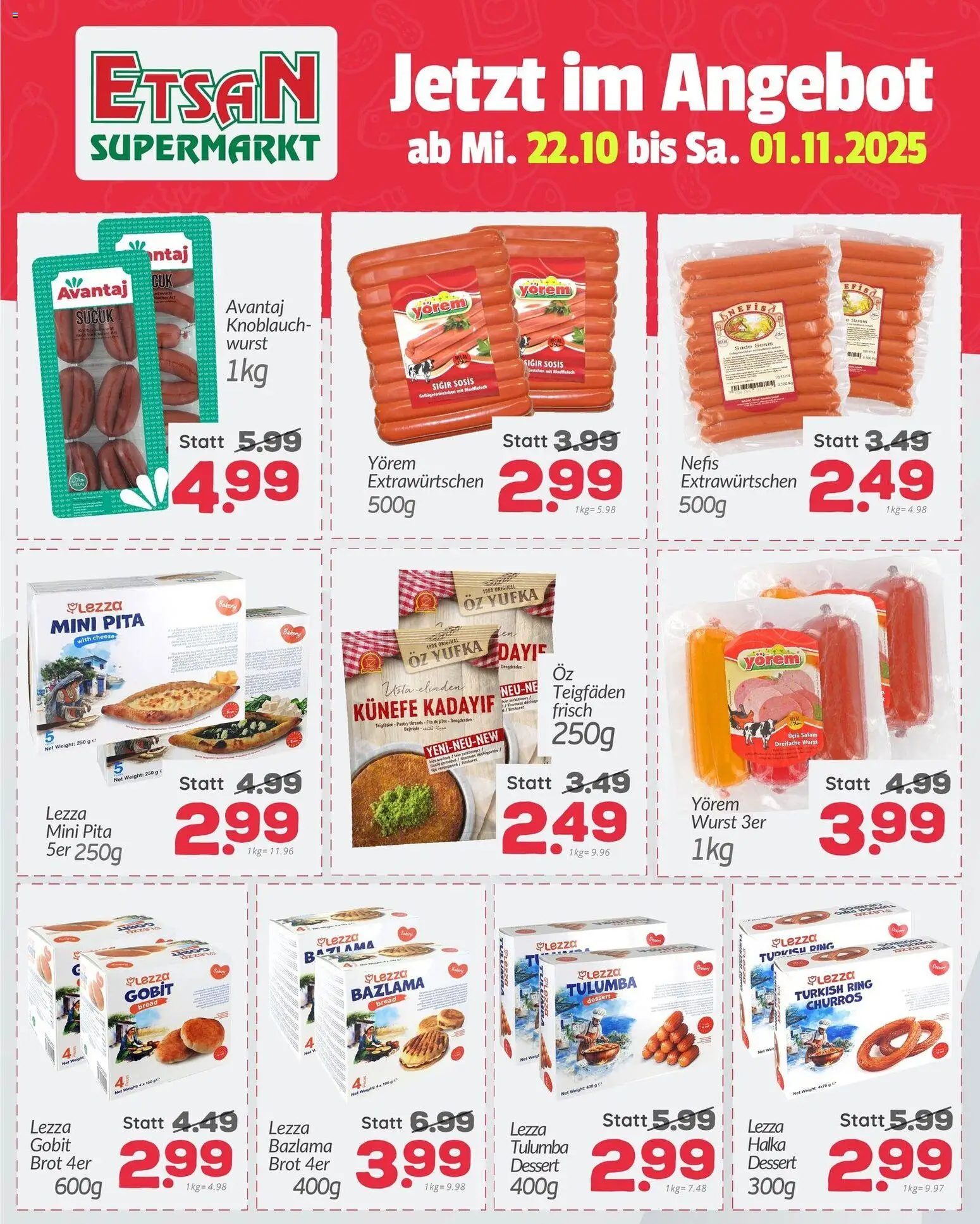ETSAN Flugblatt gültig ab 22.10.2025 | Seite: 4 | Produkte: Wurst, Knoblauch, Brot, Rindfleisch