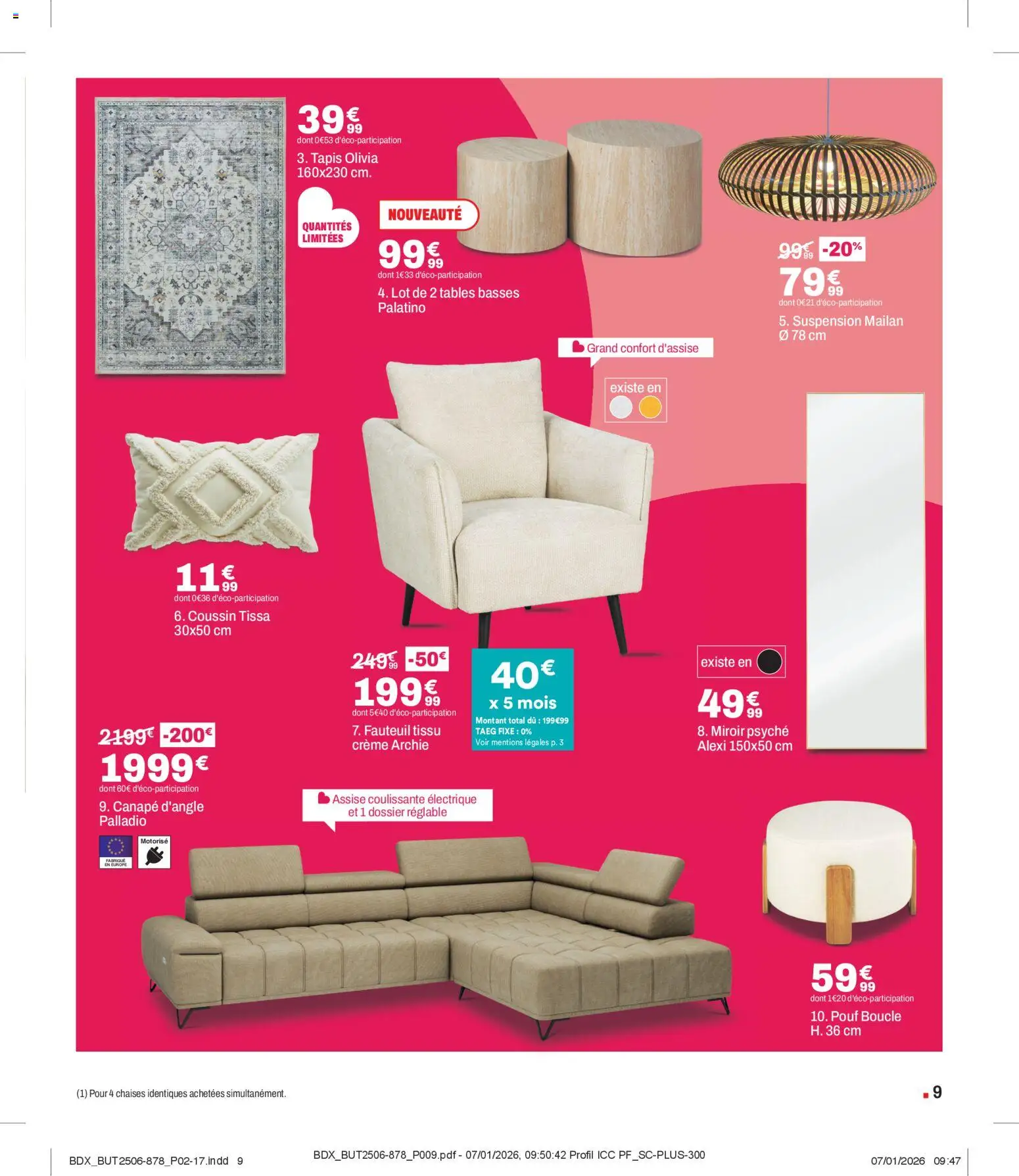 {H1} | Page: 9 | Produits: Canapé, Fauteuil, Tapis, Crème