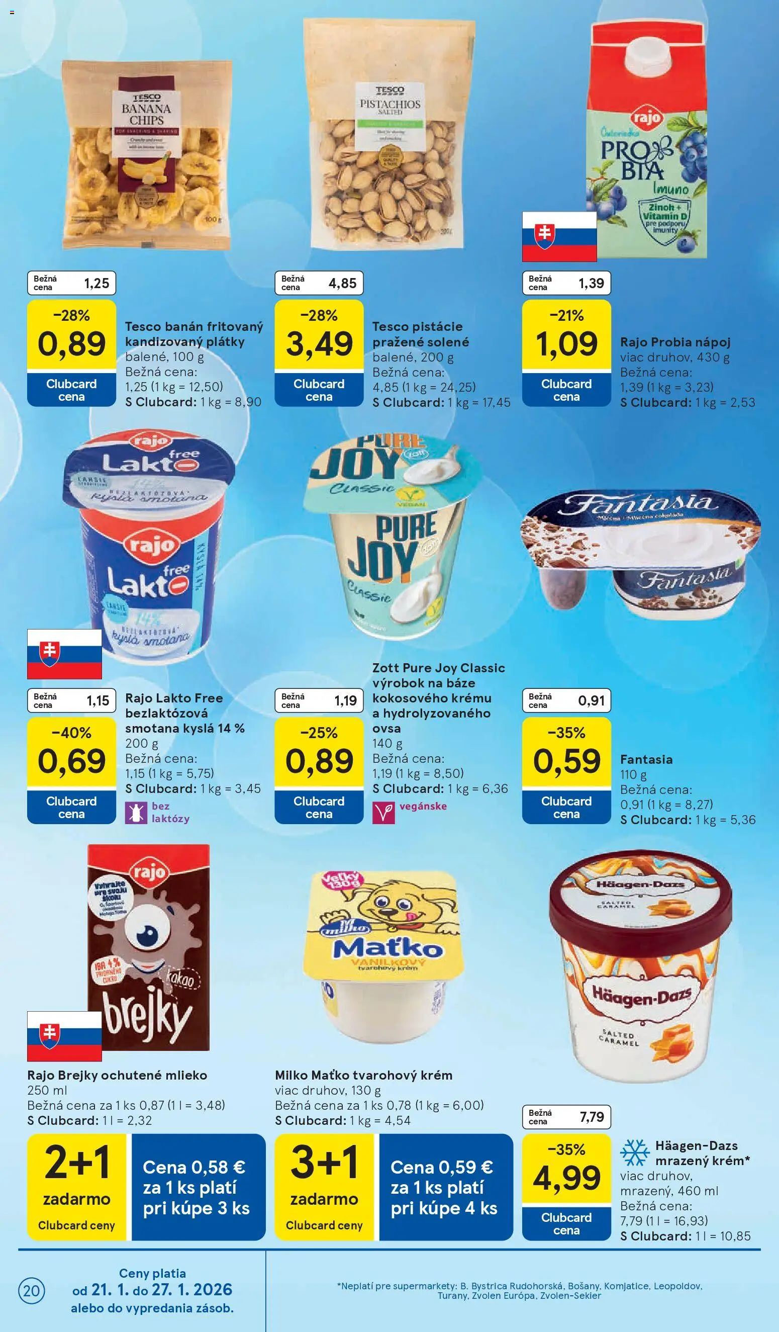 Nové Tesco akcie – leták je platný od 21.01.2026 | Strana: 20 | Produkty: Mlieko, Čokoláda, Krém, Pistácie