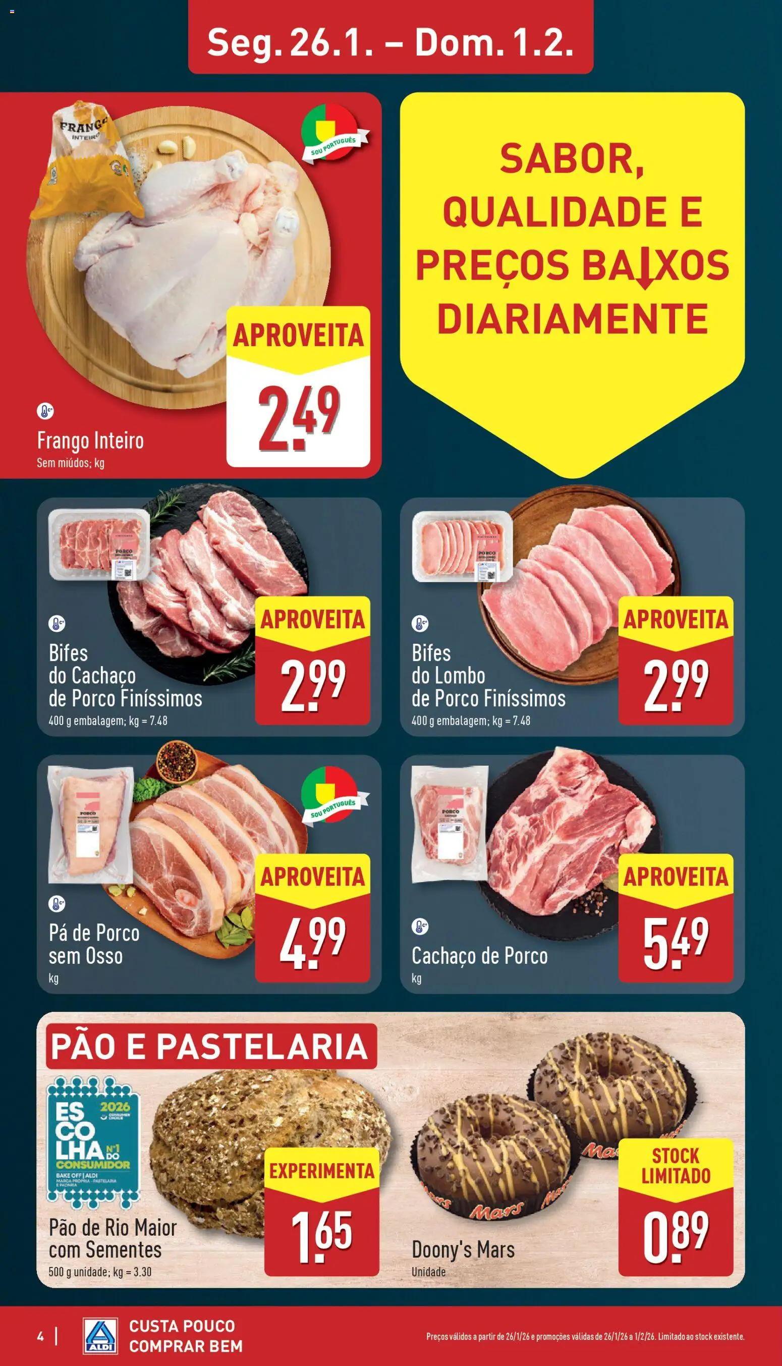 Aldi folheto │ válido de 26.01.2026 | Página: 4 | Produtos: Frango, Lombo, Pão, Pá