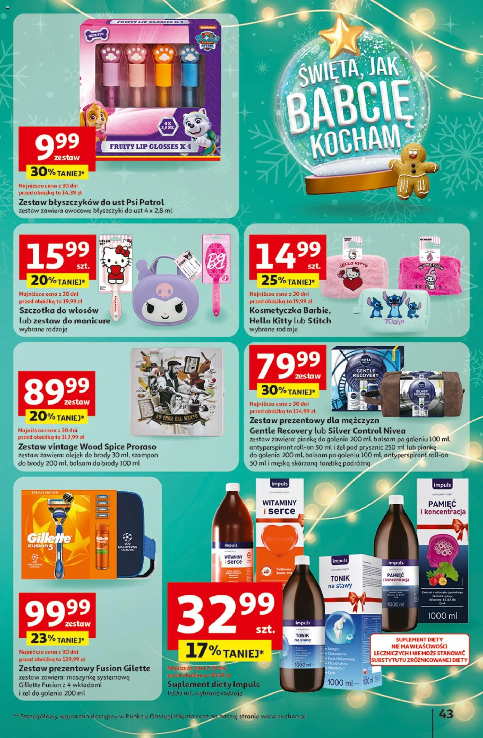 Auchan Gazetka - Święta jak babcię kocham Hipermarket od 18.12.2025 | Strona: 43 | Produkty: Gillette, Prysznic, Szampon, Antyperspirant