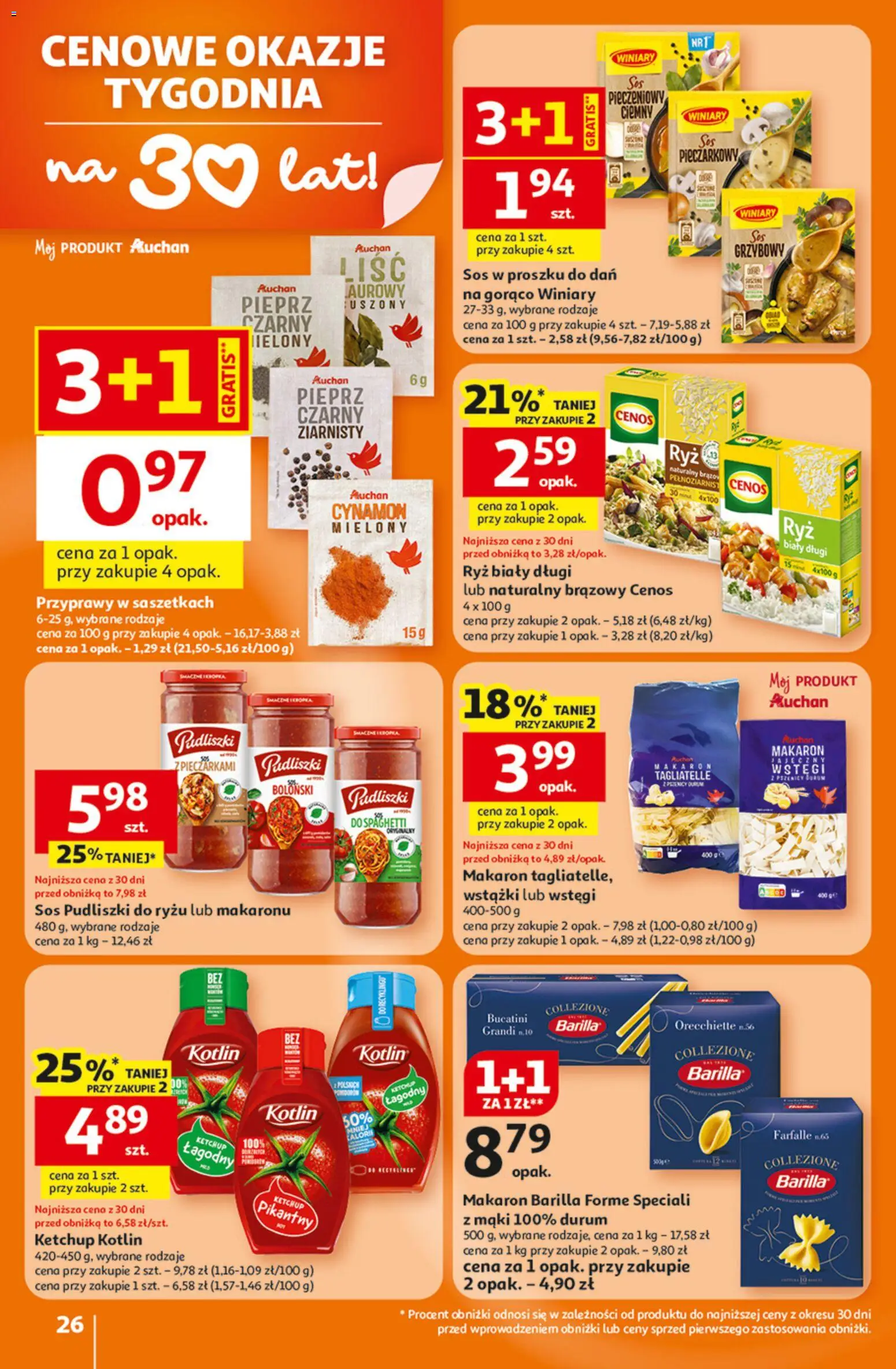 Auchan Gazetka - 30 Lat Hipermarket od 26.02.2026 | Strona: 26 | Produkty: Ketchup, Makaron, Sos, Pieprz
