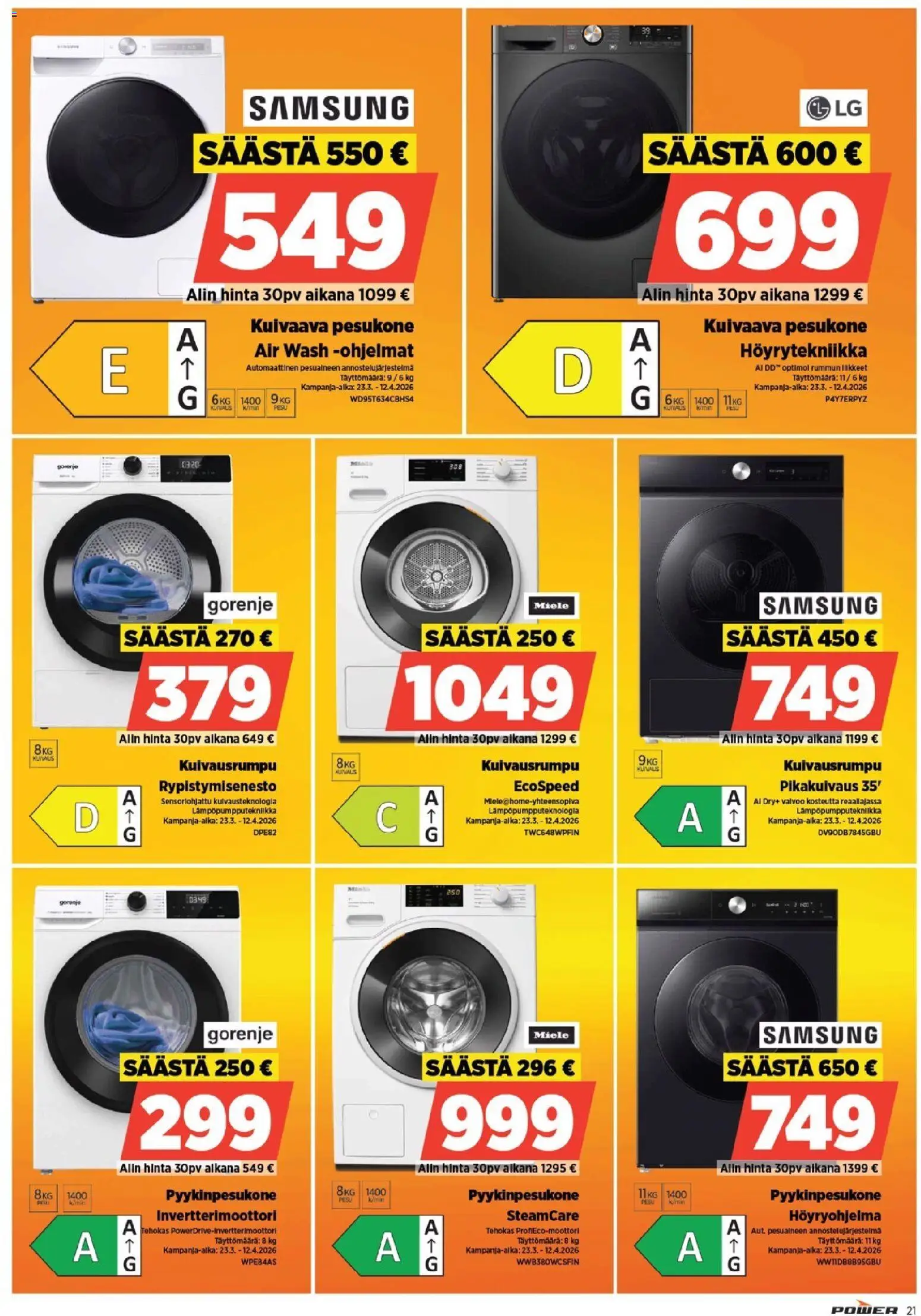 Power tarjoukset – voimassa 23.03.2026 alkaen | Sivu: 22 | Tuotteet: Pesukone, Kuivausrumpu, Kuivaava pesukone