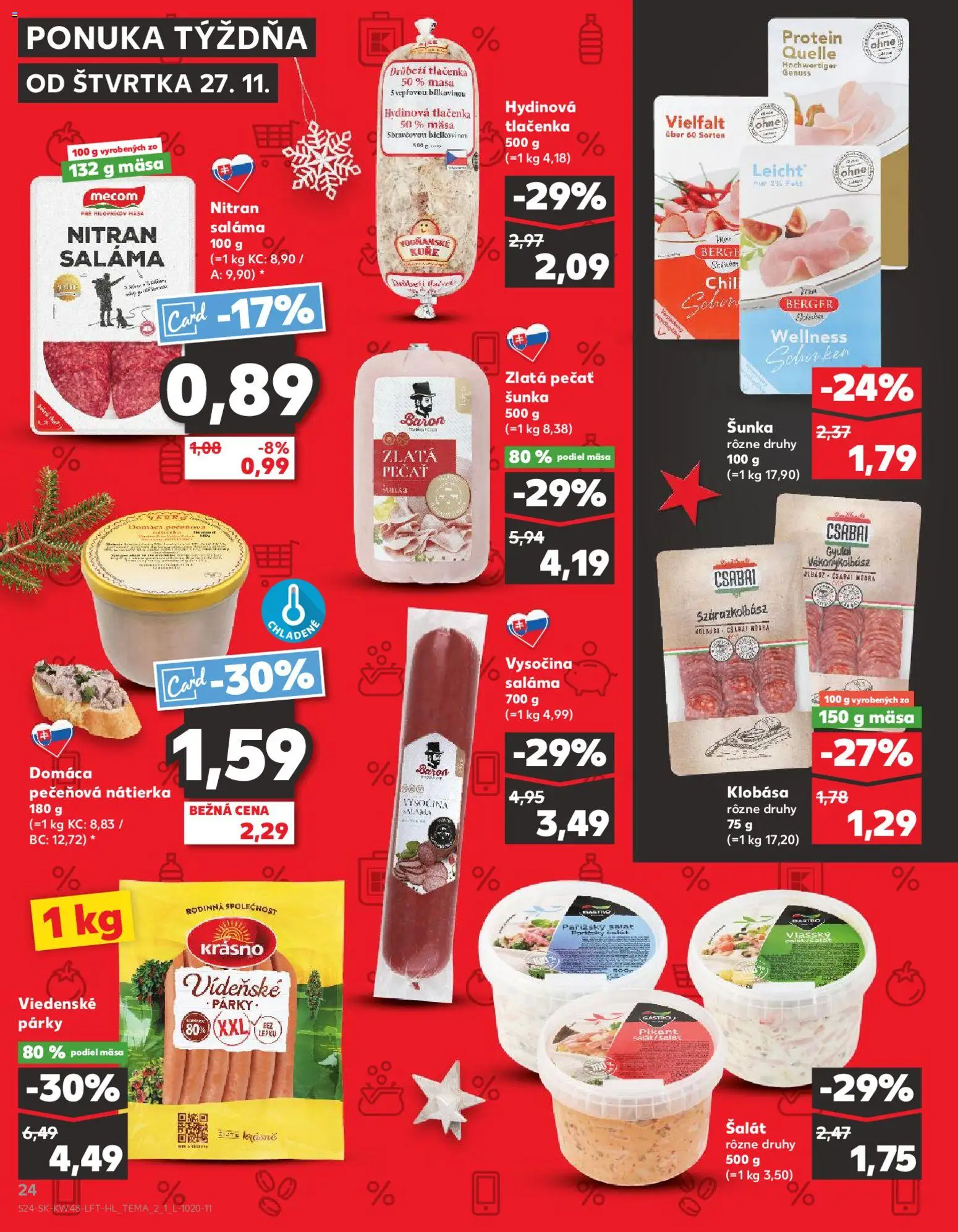 Nové Kaufland akcie – leták je platný od 27.11.2025 | Strana: 24 | Produkty: Saláma, Šunka, Protein, Šalát
