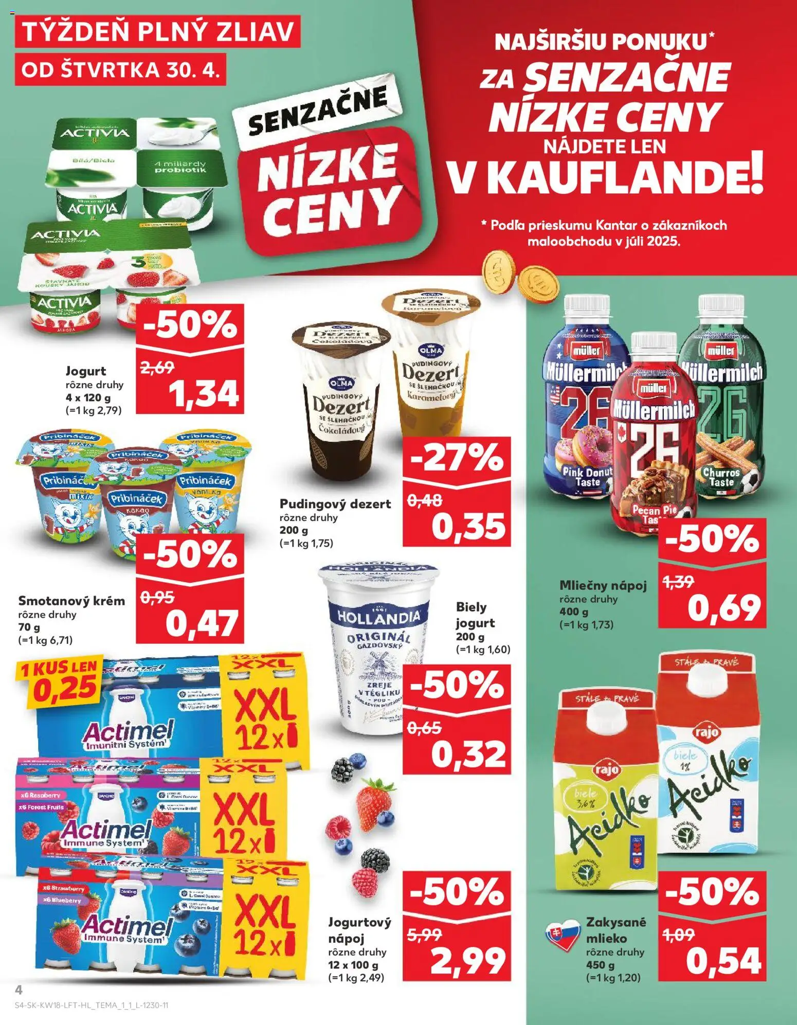 Nové Kaufland akcie – leták je platný od 30.04.2026 | Strana: 4 | Produkty: Donut, Biely jogurt, Actimel, Kakao