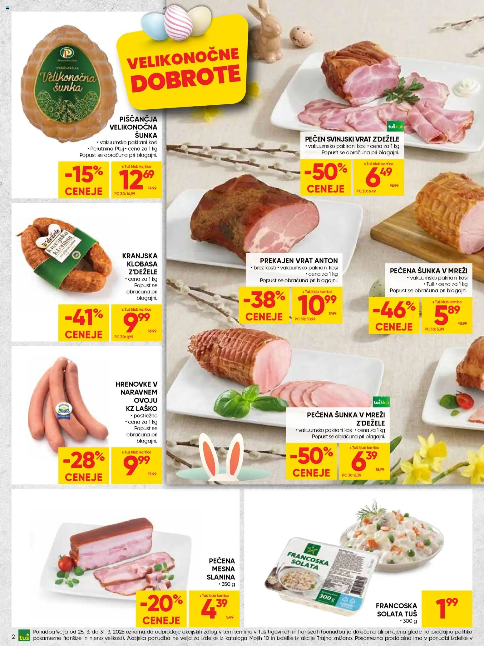 Novi Tuš katalog ponudbe – veljaven od 25.03.2026 | Stran: 2 | Izdelki: Hrenovke, Slanina, Sunka, Solata