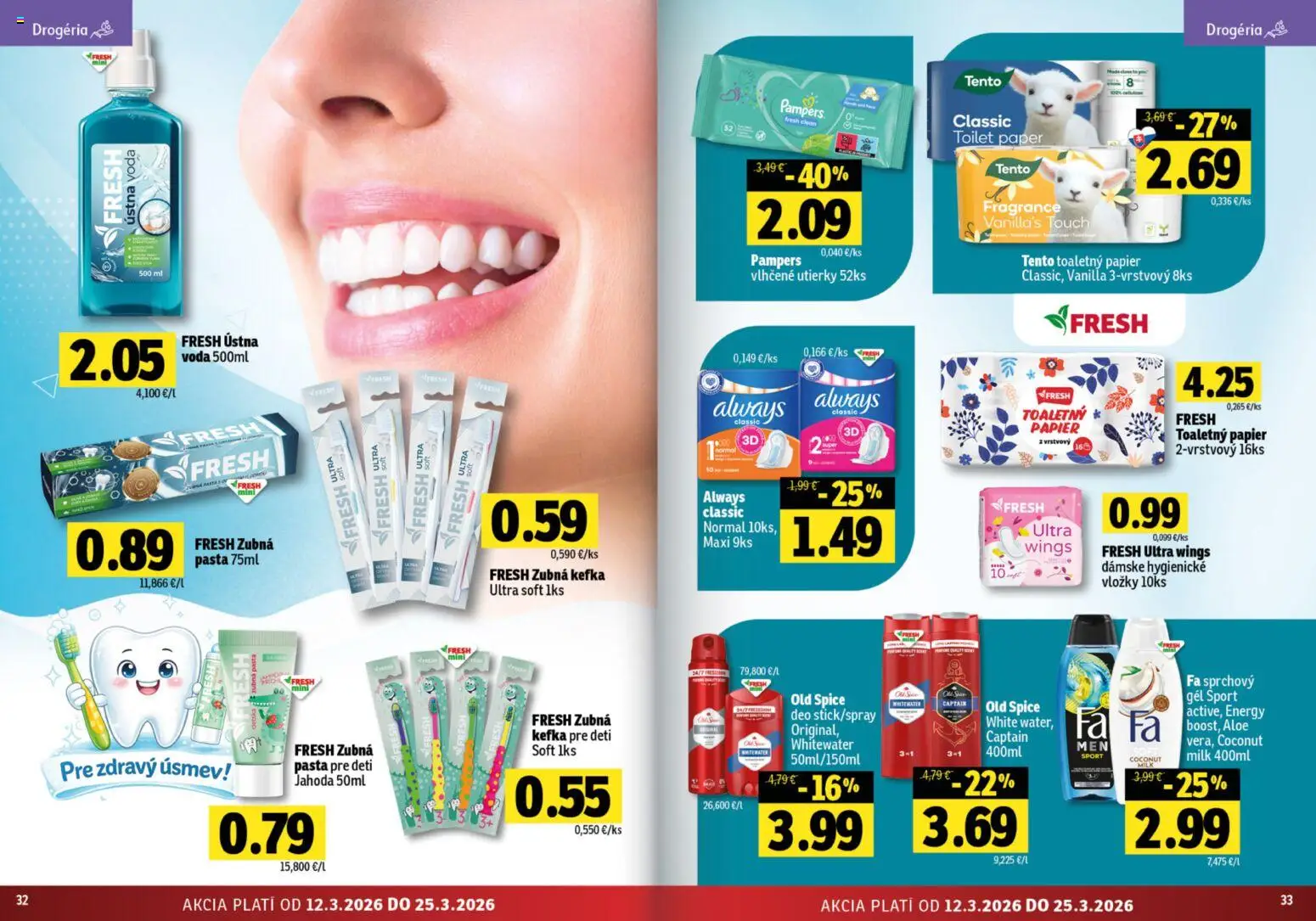 Nové Fresh akcie – leták je platný od 12.03.2026 | Strana: 17 | Produkty: Zubná kefka, Zubná pasta, Ústna voda, Voda
