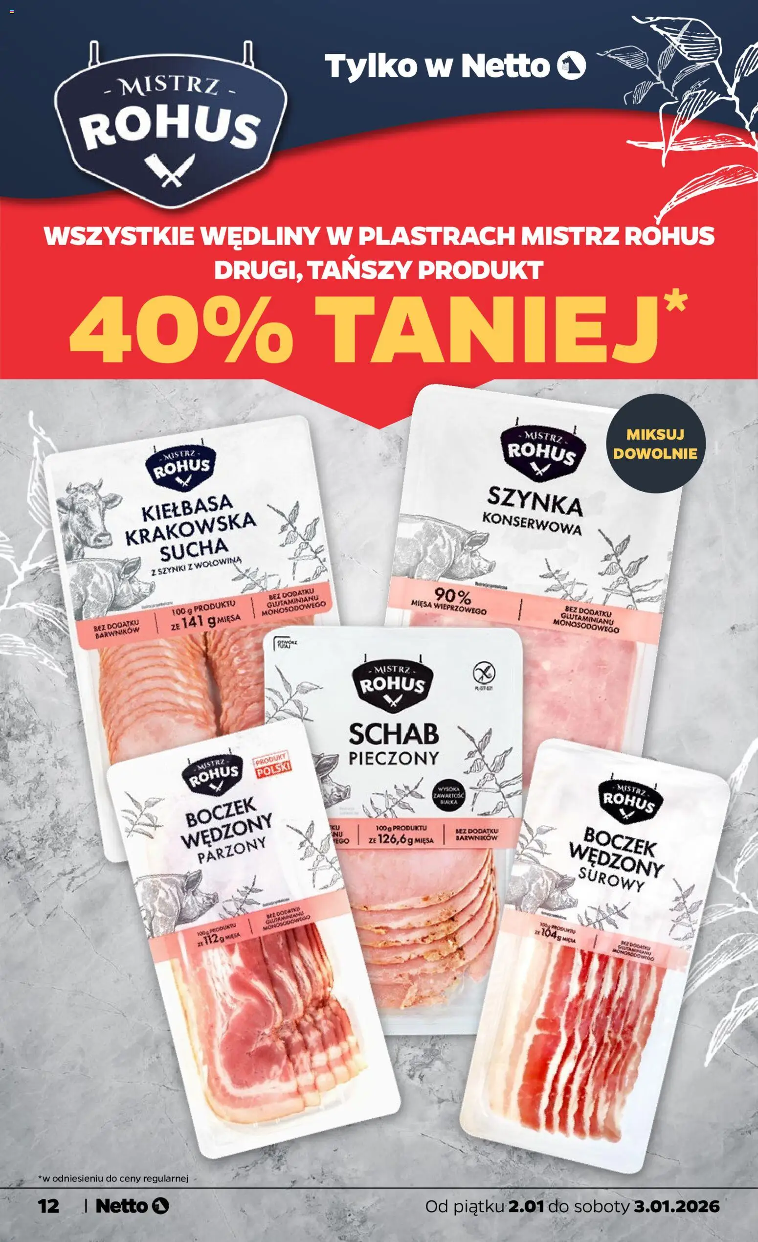 Netto gazetka - Spożywcza od 02.01.2026 | Strona: 12 | Produkty: Schab, Szynka, Boczek, Schab pieczony