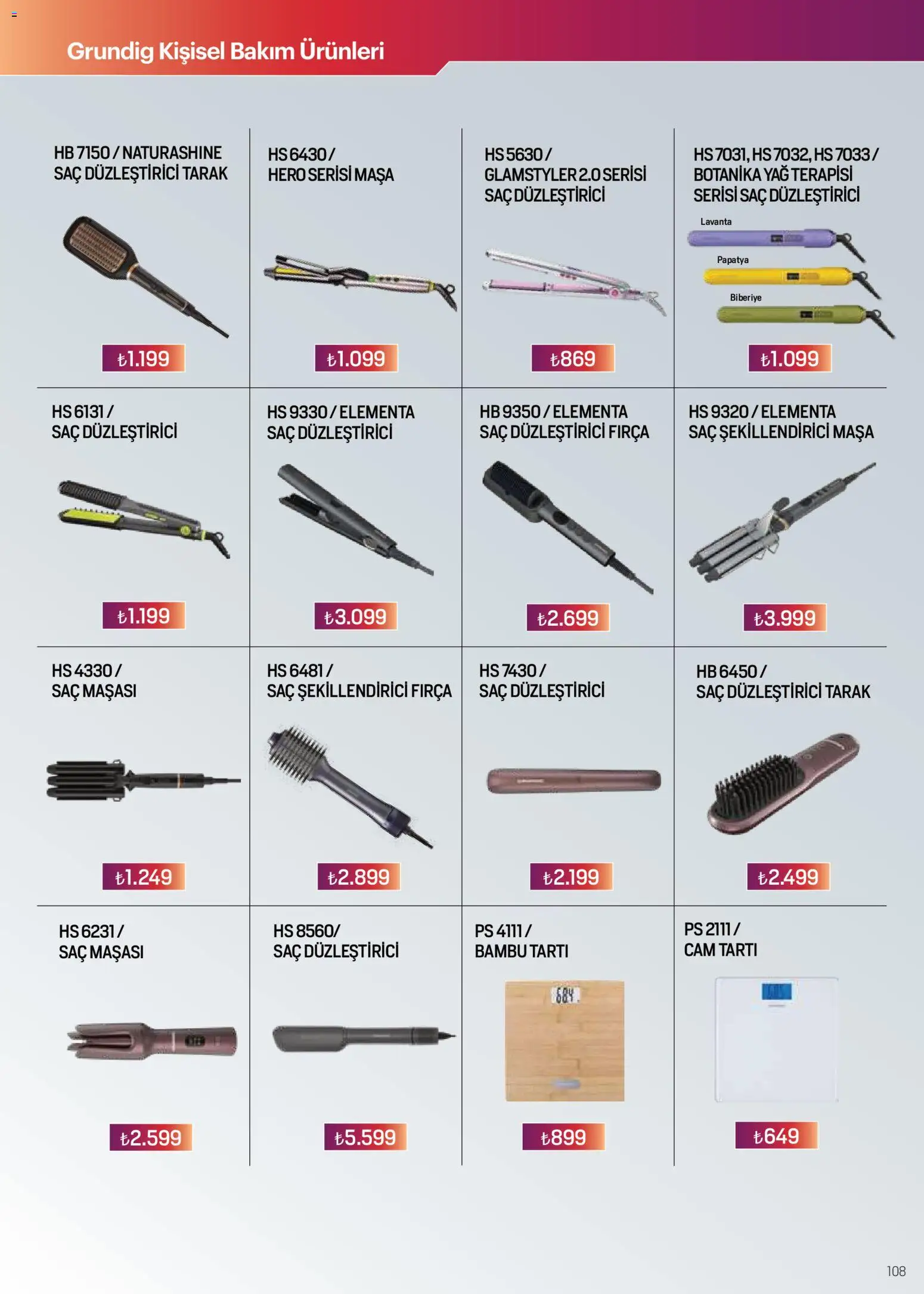 Arçelik Katalog - 16.04.2026 tarihinden itibaren geçerlidir | Sayfa: 108 | Ürünler: Saç maşası, Saç düzleştirici, Tartı, Fırça