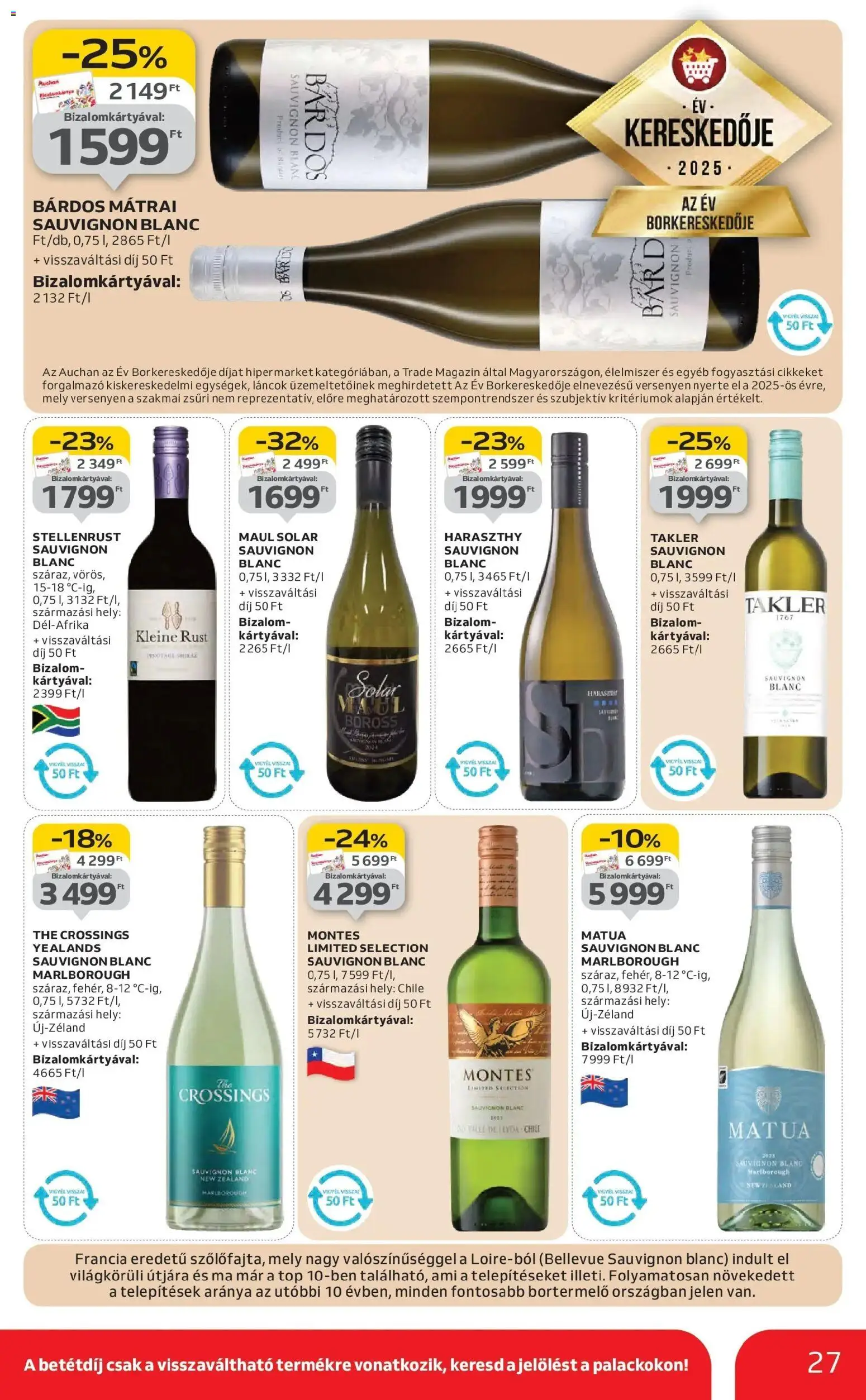 Auchan akciós ujság - amely érvényes a következő dátumtól: 22.01.2026 | Oldal: 27 | Termékek: Bor
