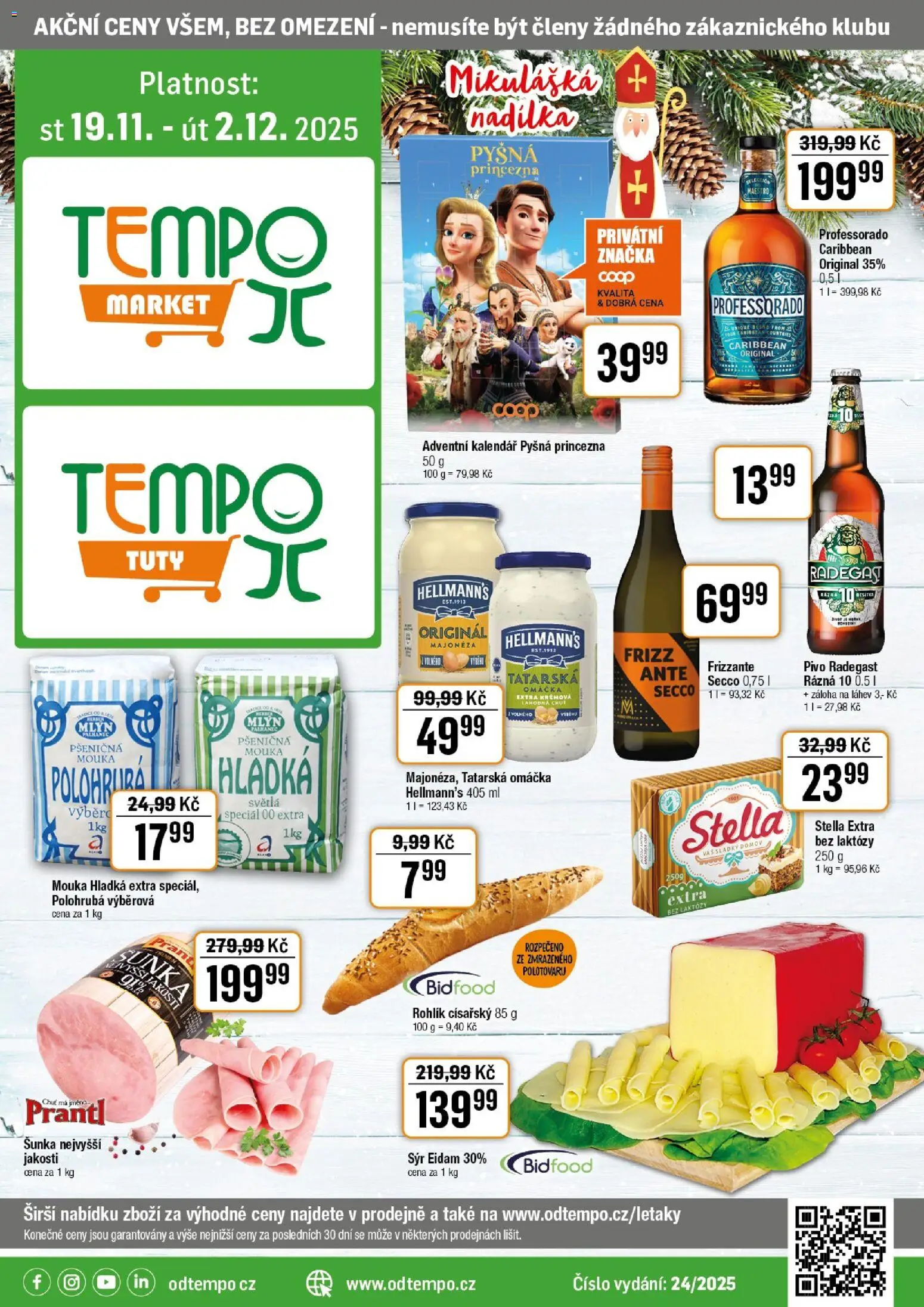 Tempo leták - Tuty od 19.11.2025 | Strana: 1 | Produkty: Pivo, Kalendář, Radegast, Majonéza