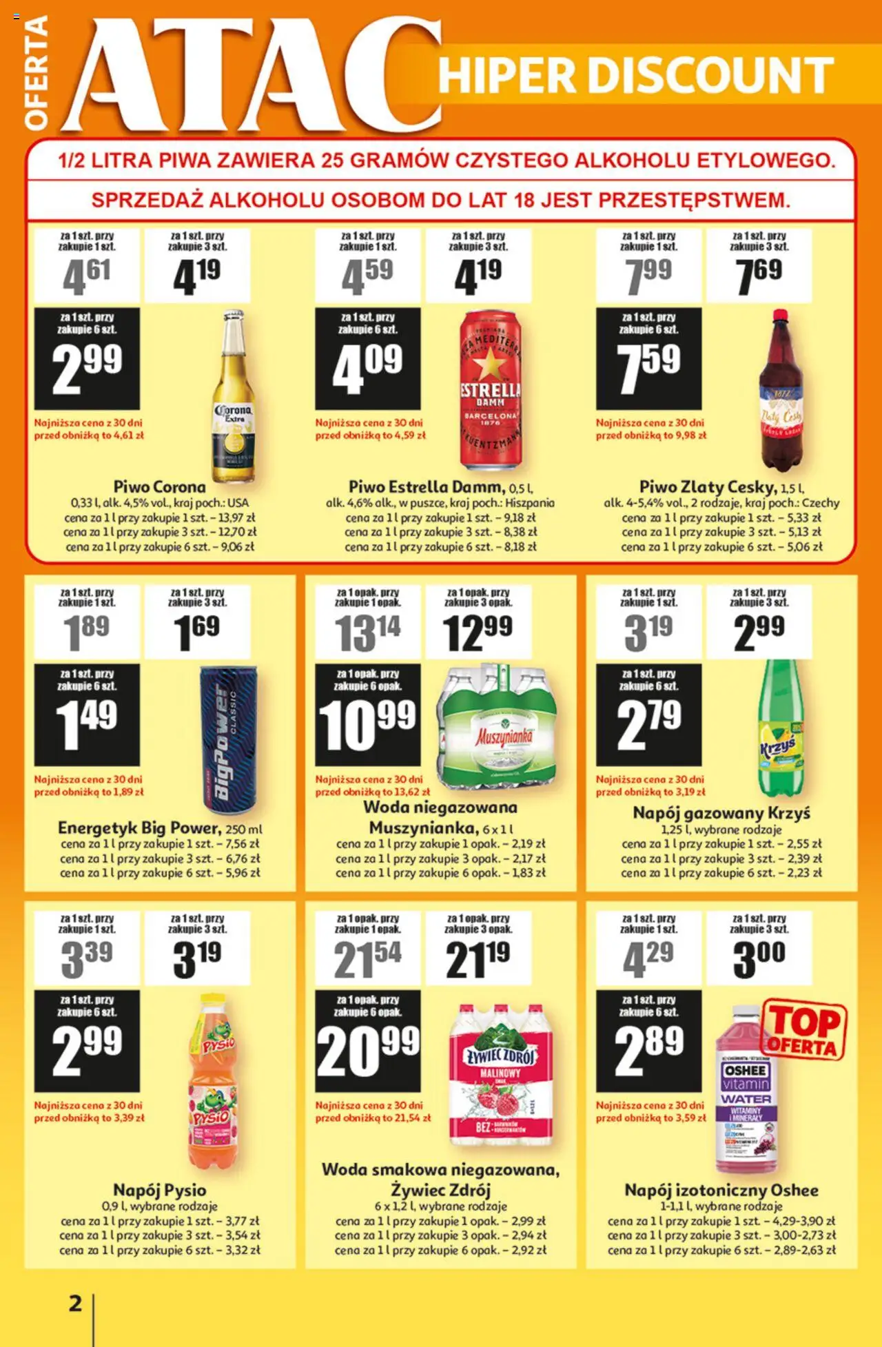 Auchan Gazetka - ATAC Hiper Discount od 26.06.2025 | Strona: 2 | Produkty: Muszynianka, Piwo, Woda niegazowana, Woda