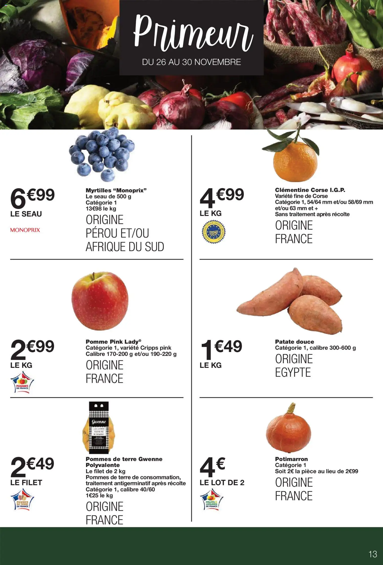 {H1} | Page: 13 | Produits: Myrtilles, Pomme, Patate douce, Pommes de terre