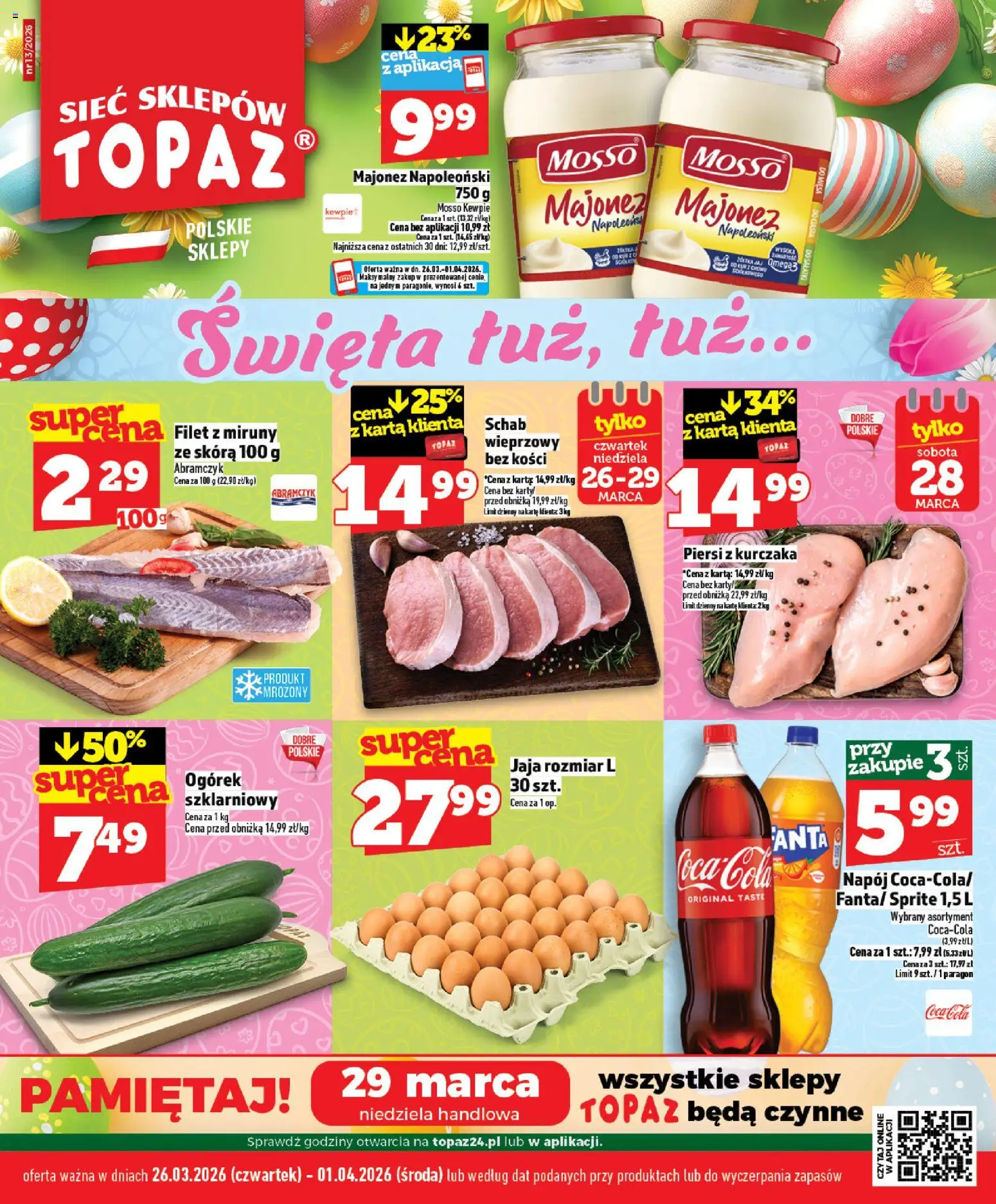 Topaz gazetka - MAZ od 26.03.2026 | Strona: 1 | Produkty: Schab, Piersi, Coca cola, Majonez