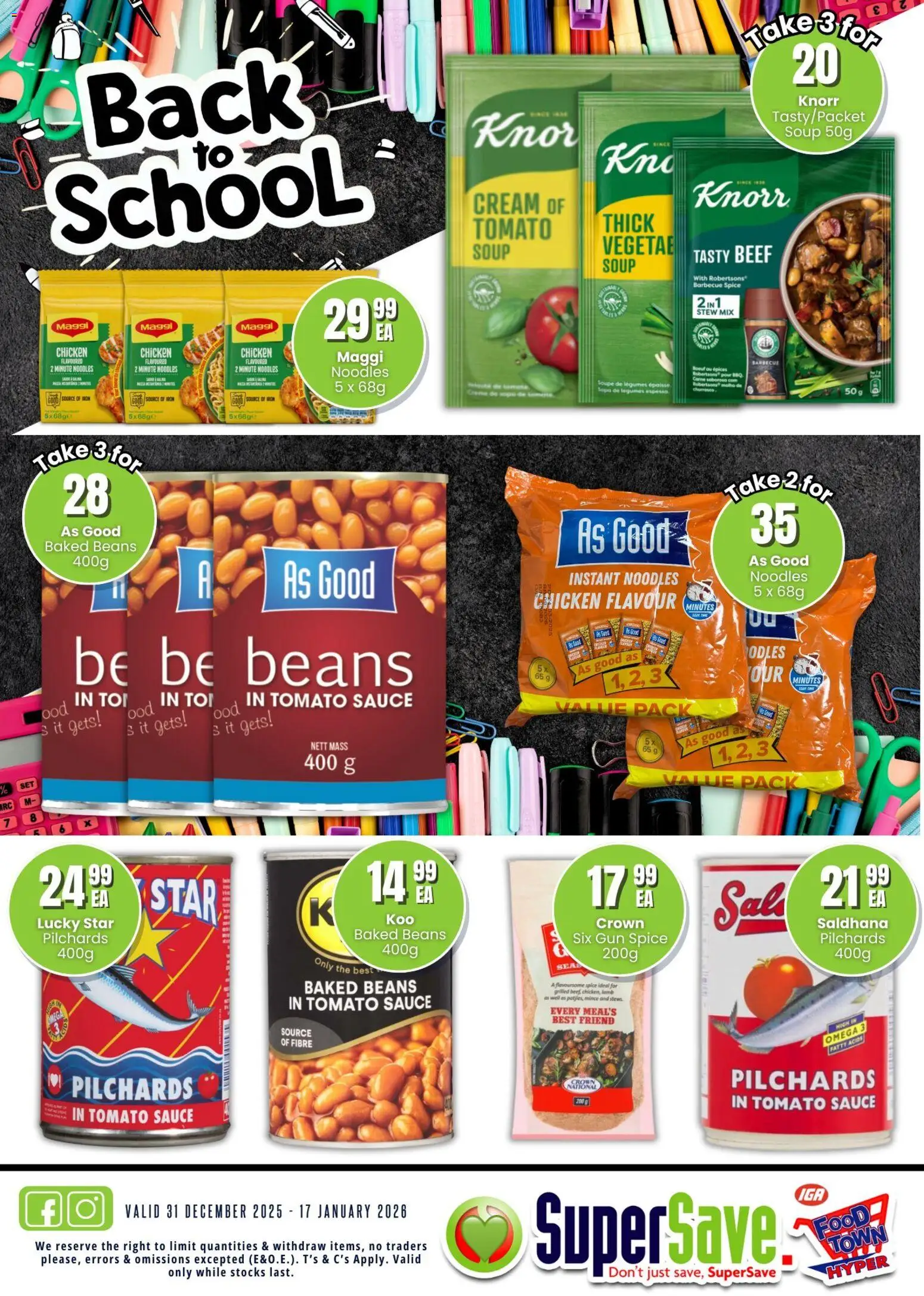 New Super Save catalogue – valid from 31.12.2025 | Page: 8 | Products: Pilchards, Chicken, Noodles, Tomato sauce