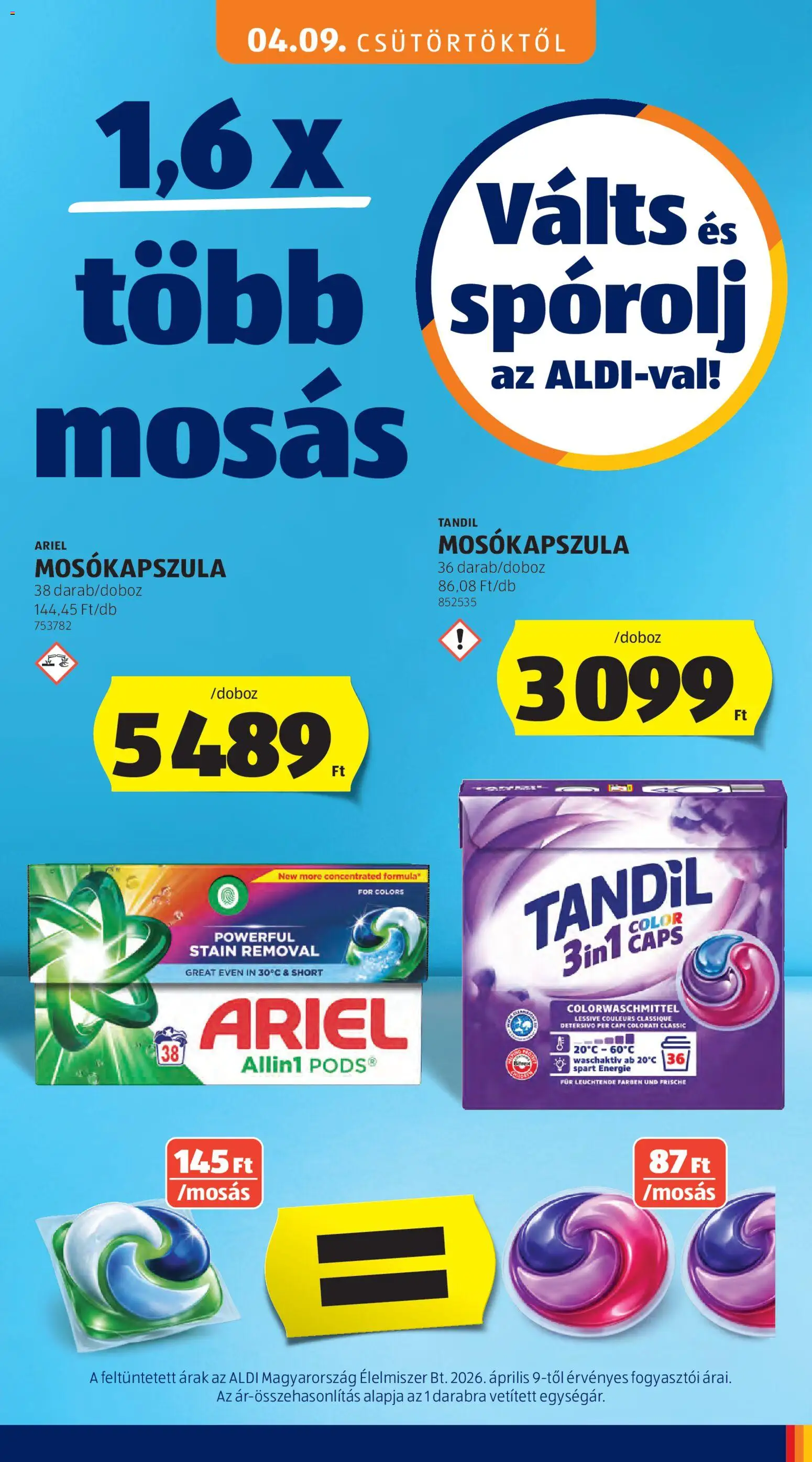 Aldi akciós ujság - amely érvényes a következő dátumtól: 09.04.2026 | Oldal: 21 | Termékek: Ariel, Mosókapszula