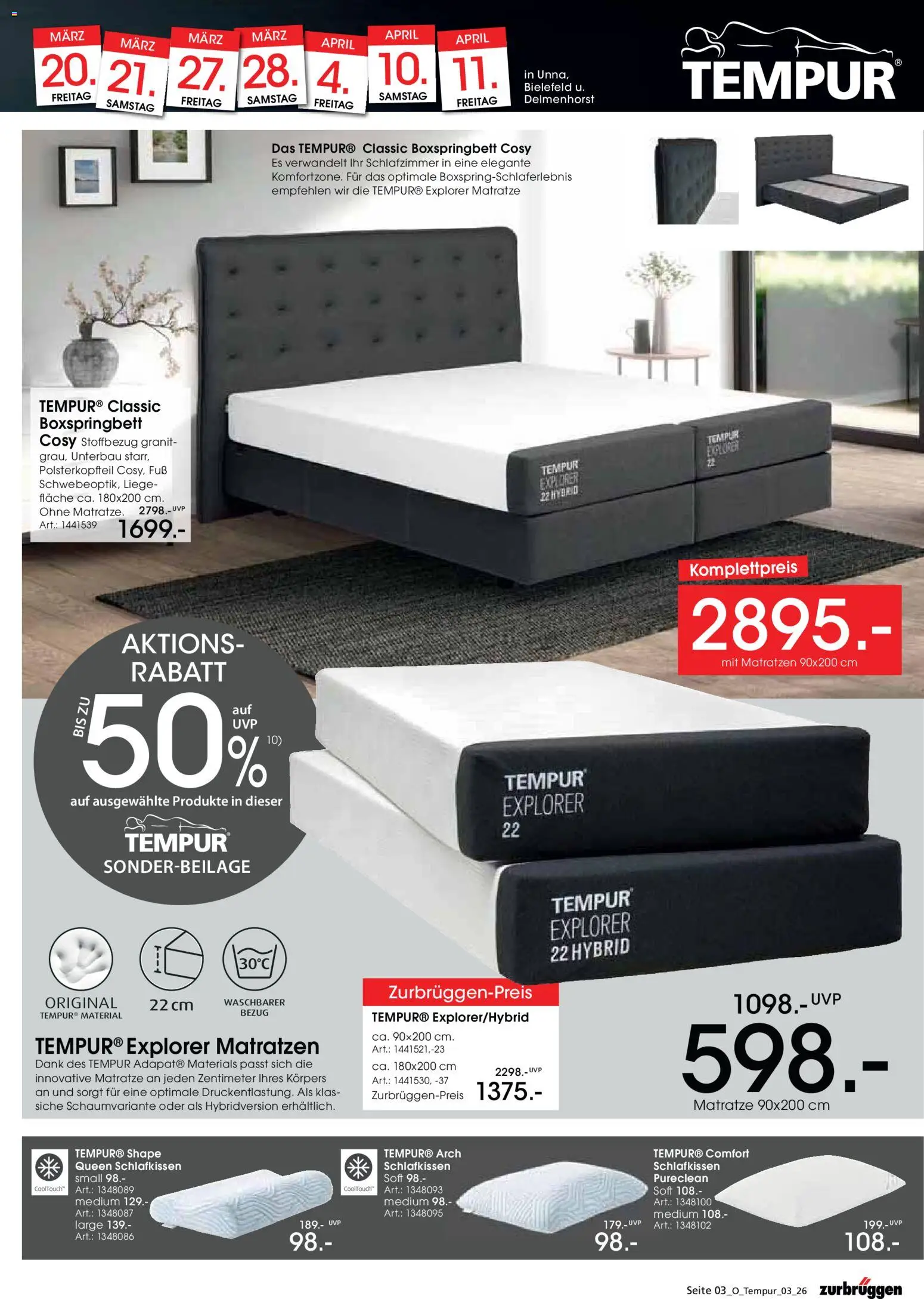 Zurbrüggen Tempur Fachberatertage – gültig ab 06.03.2026 | Seite: 3 | Produkte: Matratze, Boxspringbett, Liege