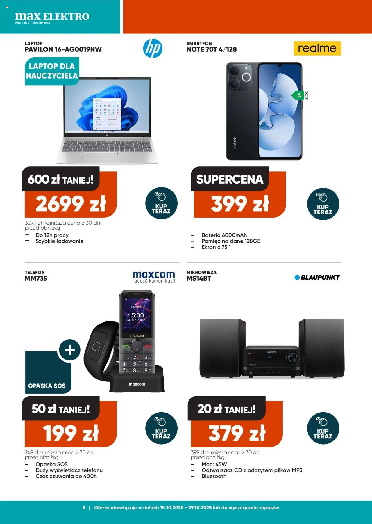 Max elektro Gazetka od 15.10.2025 | Strona: 8 | Produkty: Telefon, Smartfon, Laptop, Sos