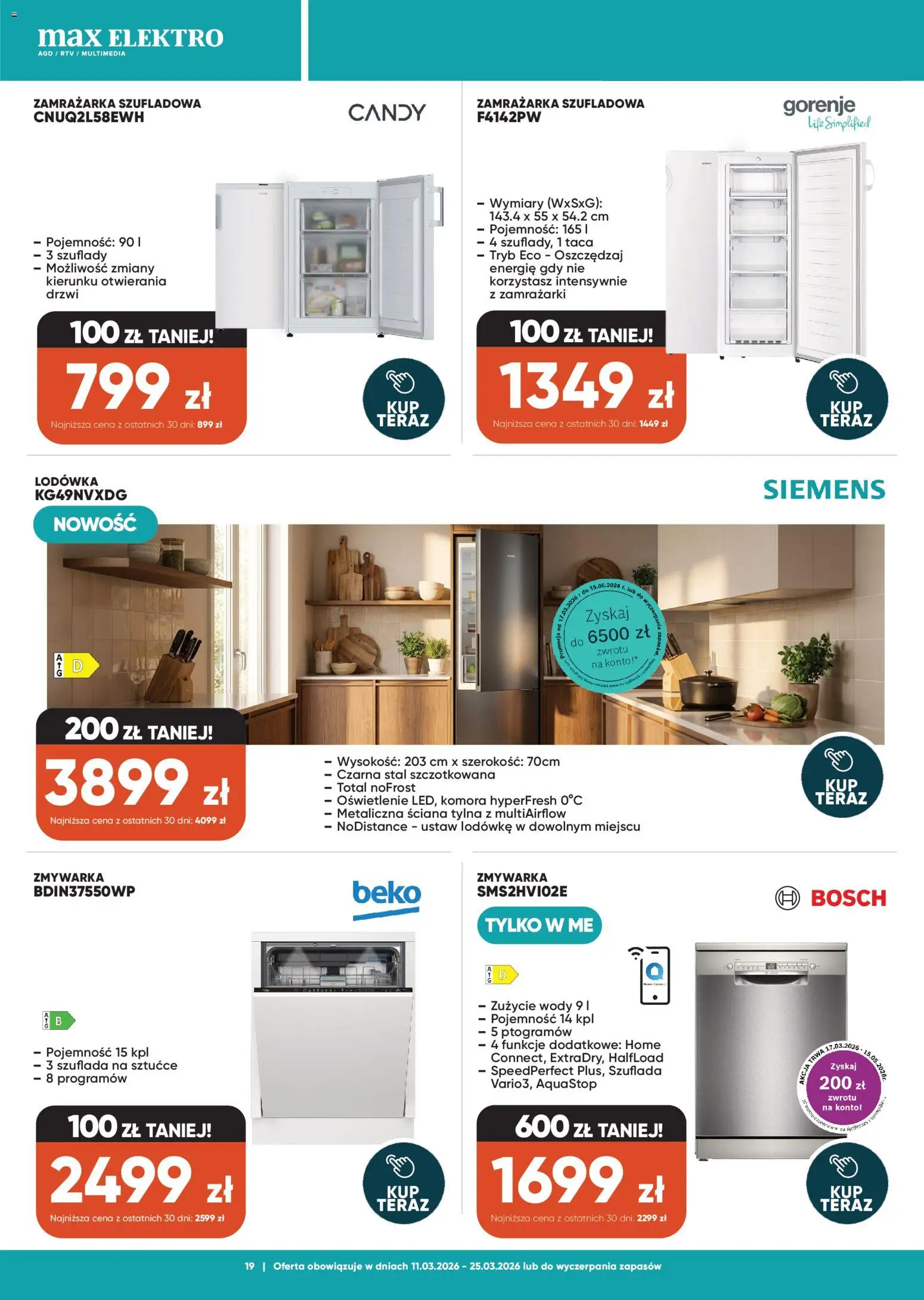 Max elektro gazetka od 11.03.2026 | Strona: 19 | Produkty: Lodówka, Zamrażarka, Zmywarka, Sztućce