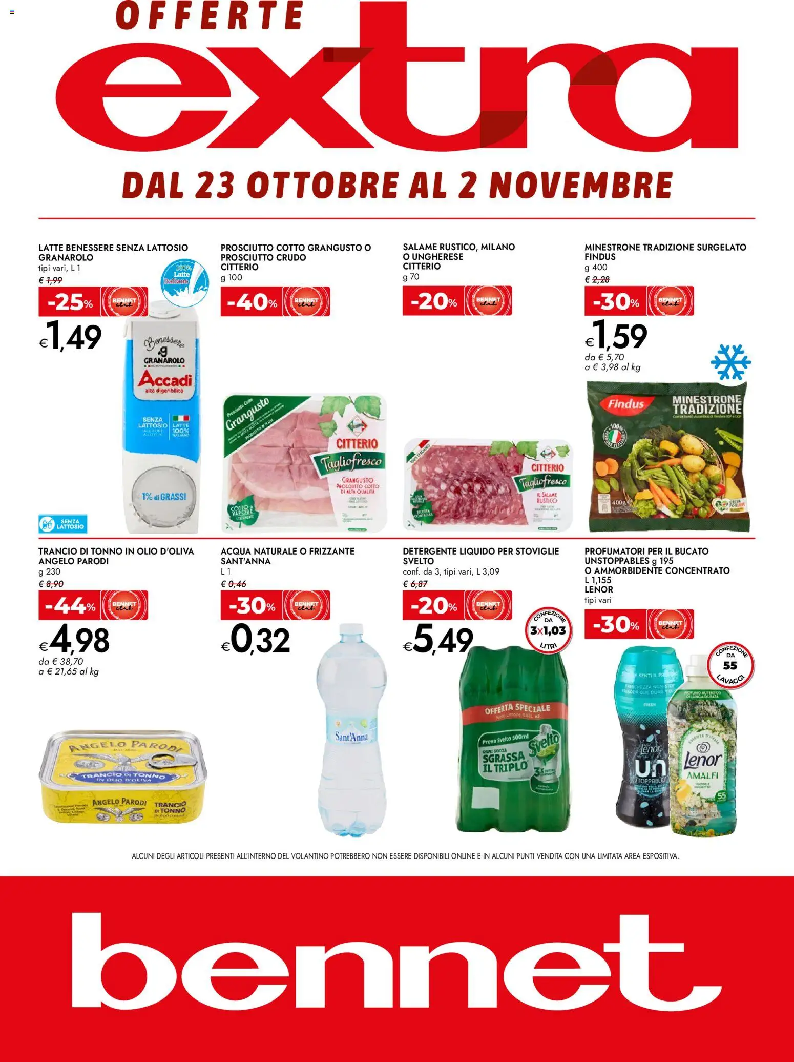 Volantino bennet del 23.10.2025 | Pagina: 1 | Prodotti: Minestrone, Prosciutto Cotto, Detergente, Tonno