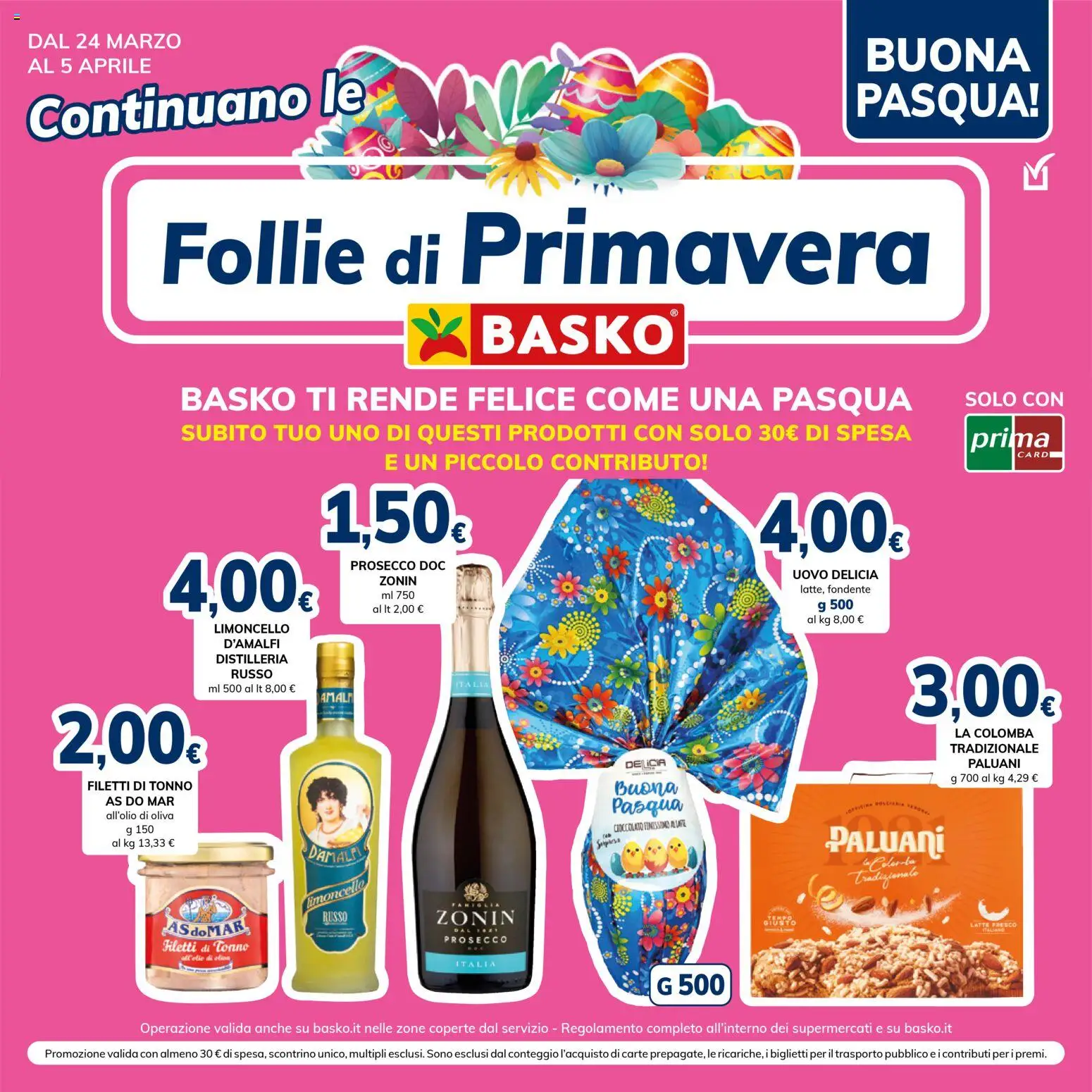 Volantino Basko del 24.03.2026 | Pagina: 1 | Prodotti: Cioccolato, Prosecco, Tonno, Limoncello
