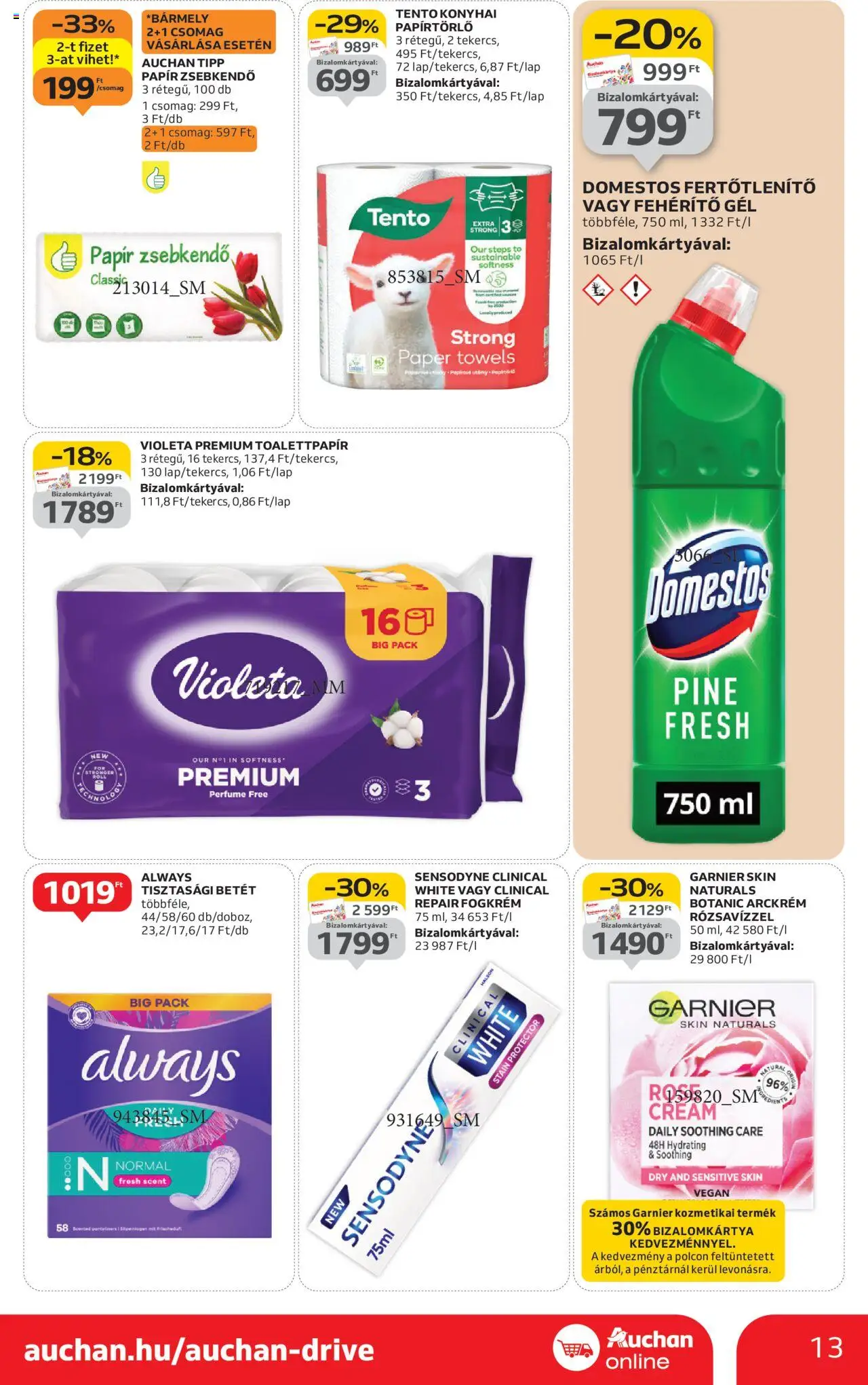 Auchan akciós ujság - amely érvényes a következő dátumtól: 09.10.2025 | Oldal: 13 | Termékek: Papírtörlő, Arckrém, Tisztasági betét, Fogkrém