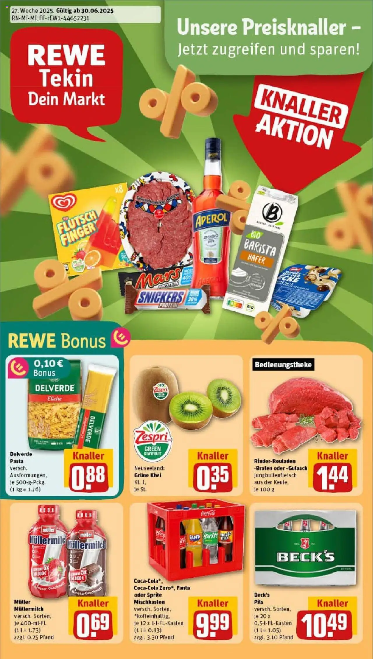 Rewe prospekt Heusenstamm	 - gültig ab dem 29.06.2025 | Seite: 1 | Produkte: Rinderrouladen, Pils, Pasta, Müllermilch