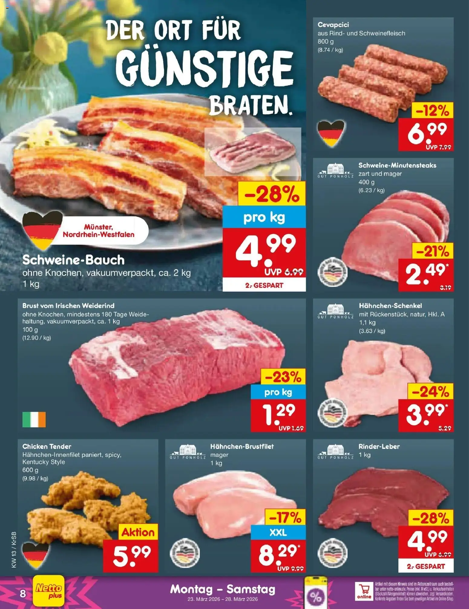 Netto Marken-Discount Prospekt Jüchen	 – gültig ab 23.03.2026 | Seite: 8 | Produkte: Hahnchenschenkel, Schweinebauch, Cevapcici, Schweinefleisch