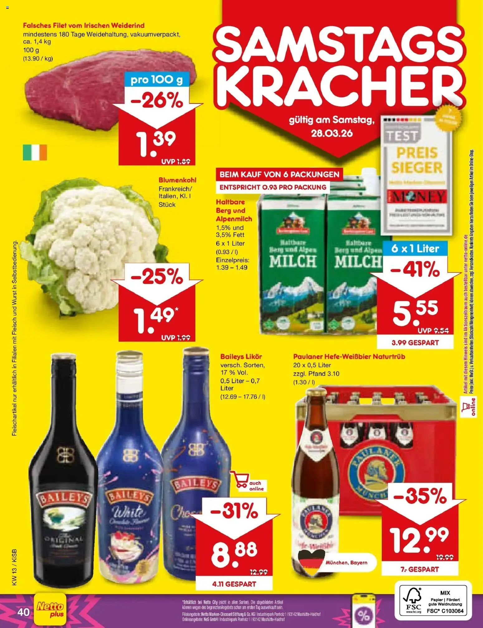 Netto Marken-Discount Prospekt Bad Friedrichshall	 – gültig ab 23.03.2026 | Seite: 56 | Produkte: Likör, Wurst, Blumenkohl, Fleisch