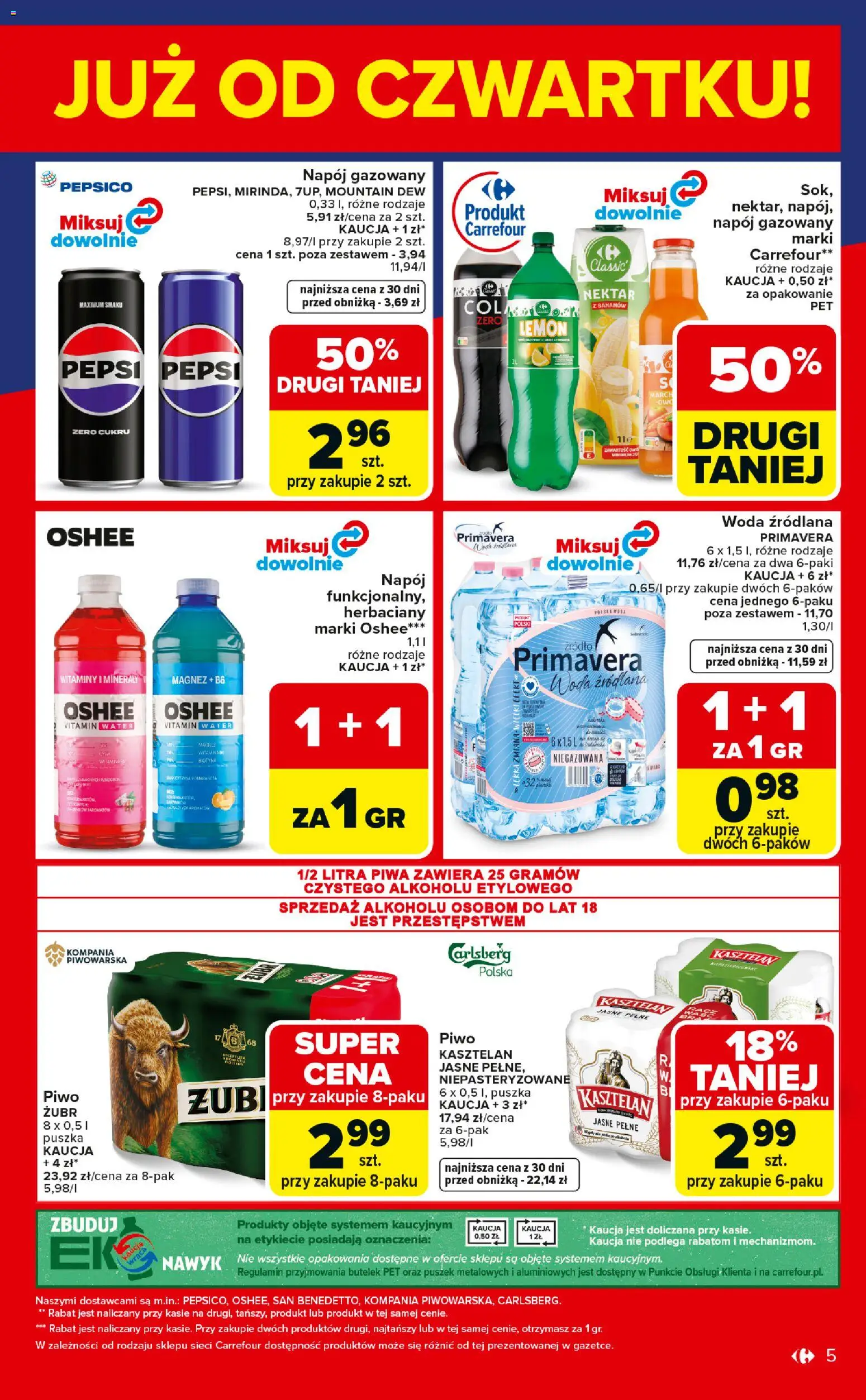 Carrefour gazetka - Weekend okazji od 09.04.2026 | Strona: 5 | Produkty: Woda źródlana, Pepsi, Piwo, Woda