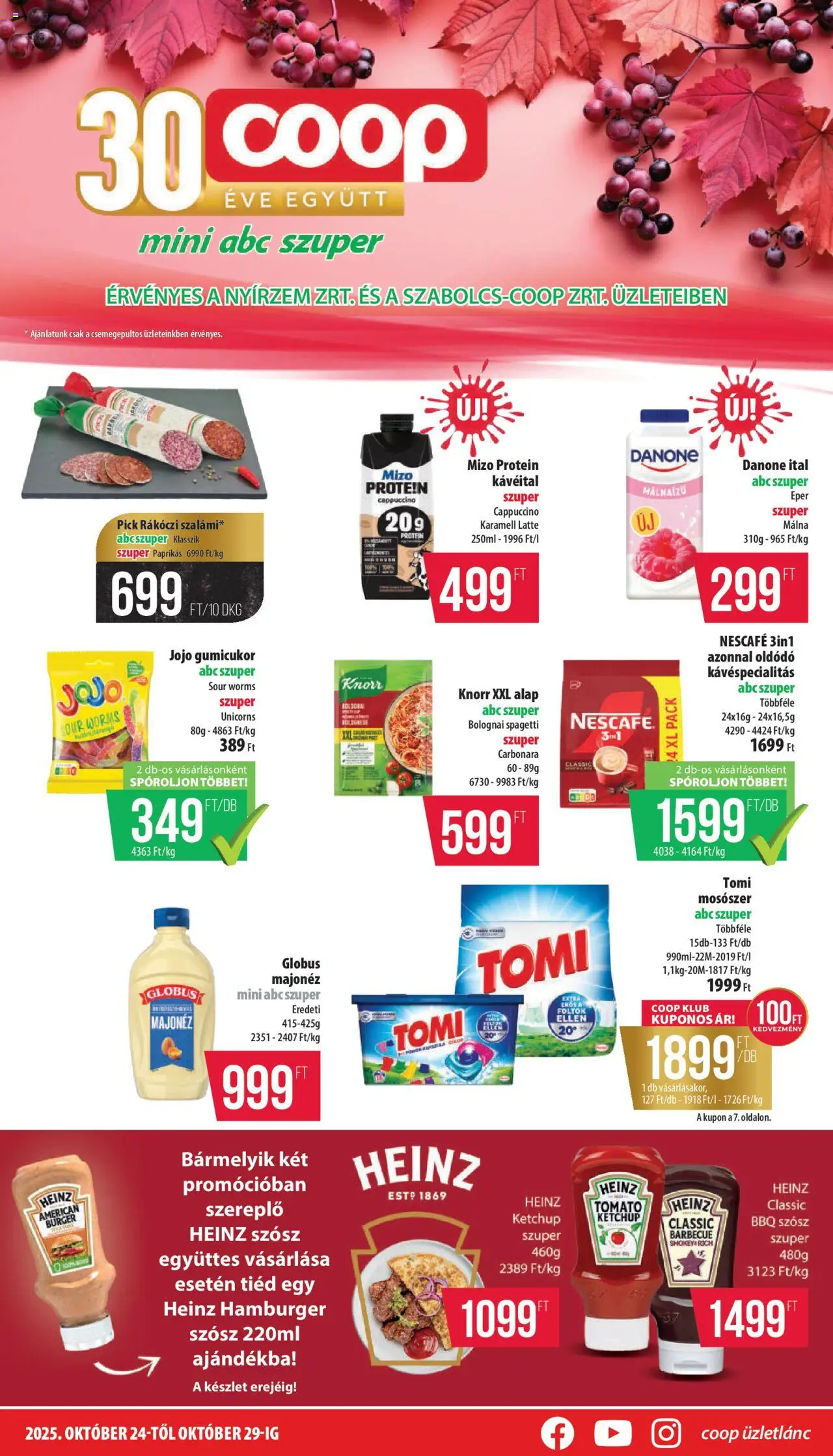 COOP akciós ujság - amely érvényes a következő dátumtól: 24.10.2025 | Oldal: 1 | Termékek: Málna, Gumicukor, Protein, Mosószer