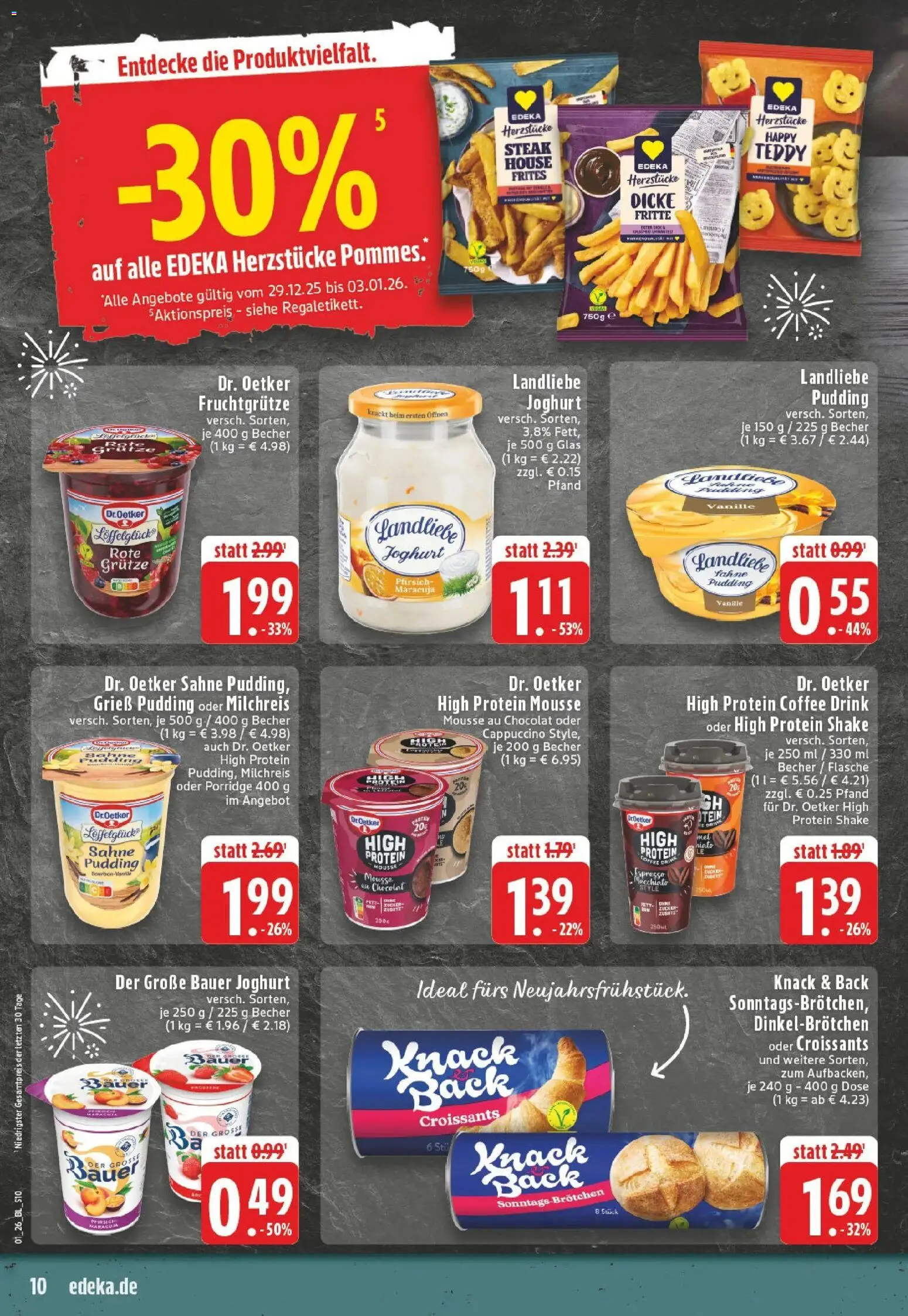 Edeka prospekt Hennef - Uckerath	 – gültig ab 28.12.2025 | Seite: 10 | Produkte: Pommes, Pudding, Pfirsich, Landliebe joghurt