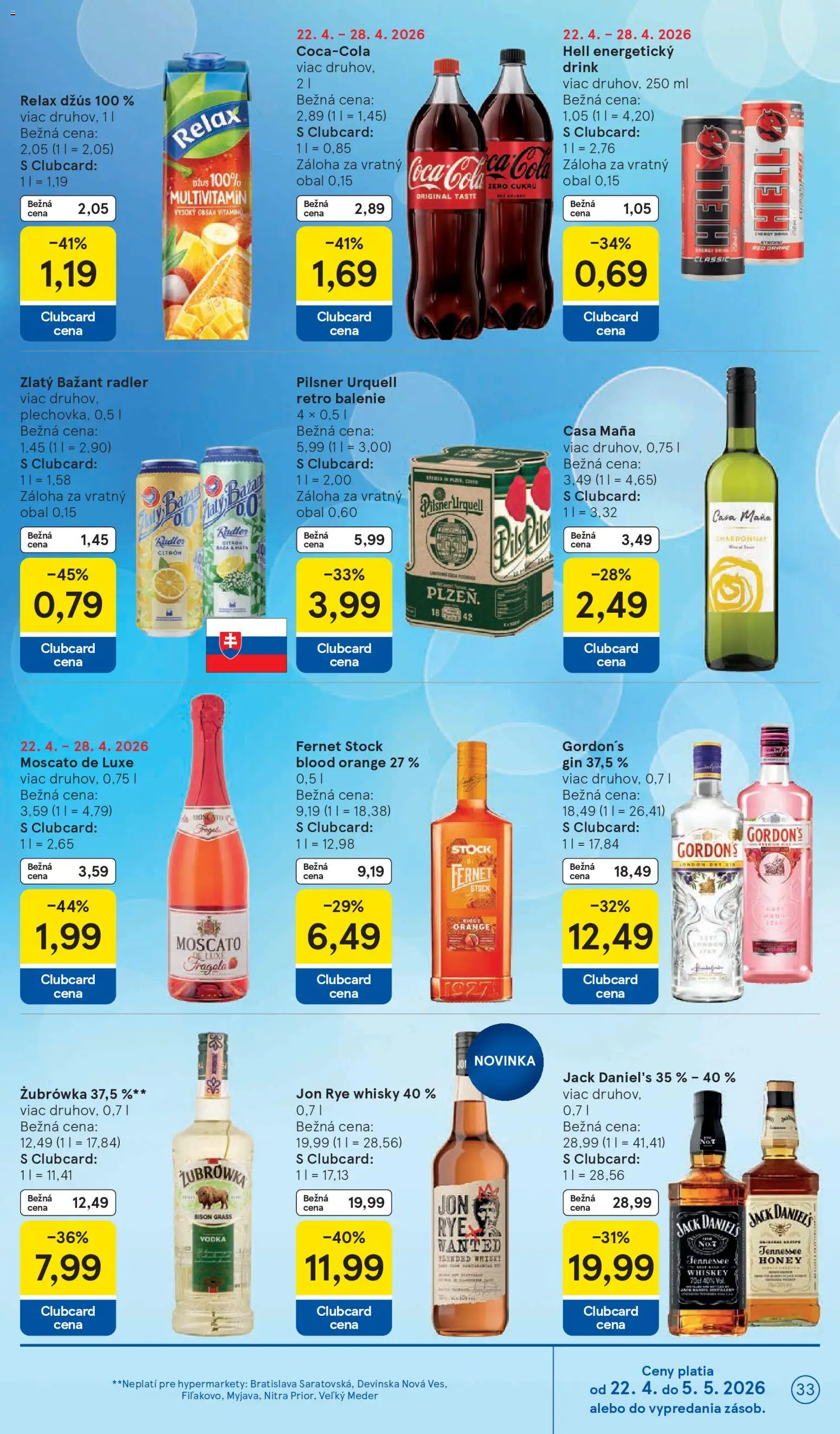 Nové Tesco akcie – leták je platný od 22.04.2026 | Strana: 33 | Produkty: Pilsner Urquell, Whisky, Fernet, Fernet Stock