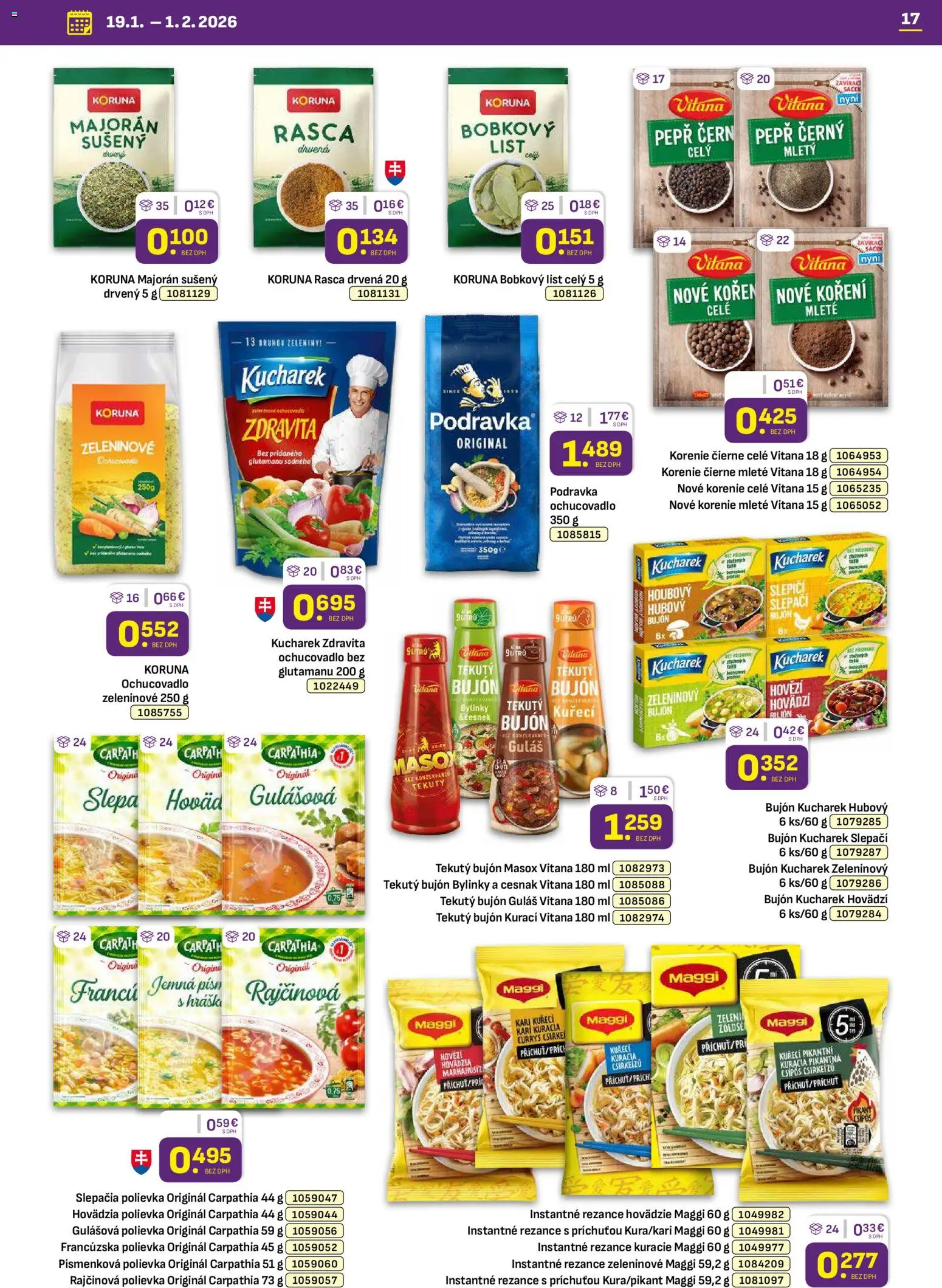 Nové Libex akcie – leták je platný od 19.01.2026 | Strana: 17 | Produkty: Masox, Rezance, Korenie, Majorán