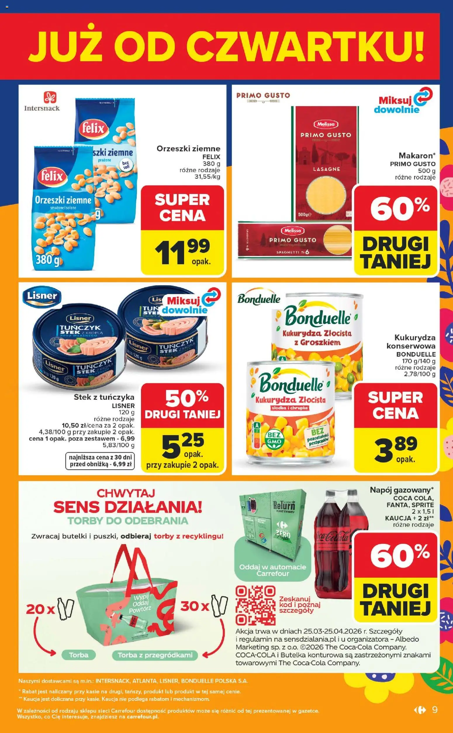 Carrefour gazetka - Weekend okazji od 26.03.2026 | Strona: 9 | Produkty: Torba, Sprite, Kukurydza, Orzeszki ziemne