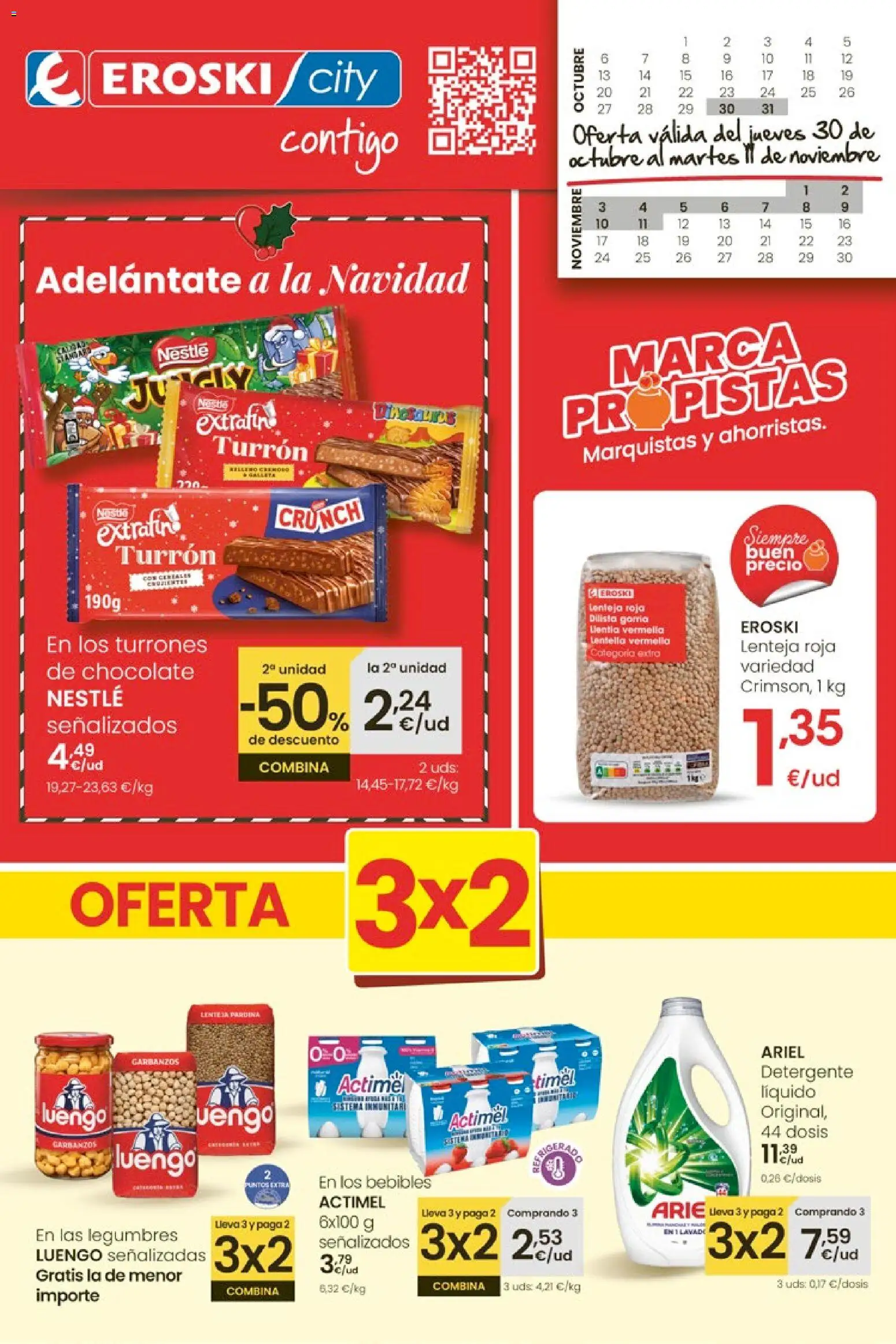 Eroski - Oferta 3x2 │ válido desde el 30.10.2025 | Página: 1 | Productos: Detergente, Chocolate, Detergente líquido