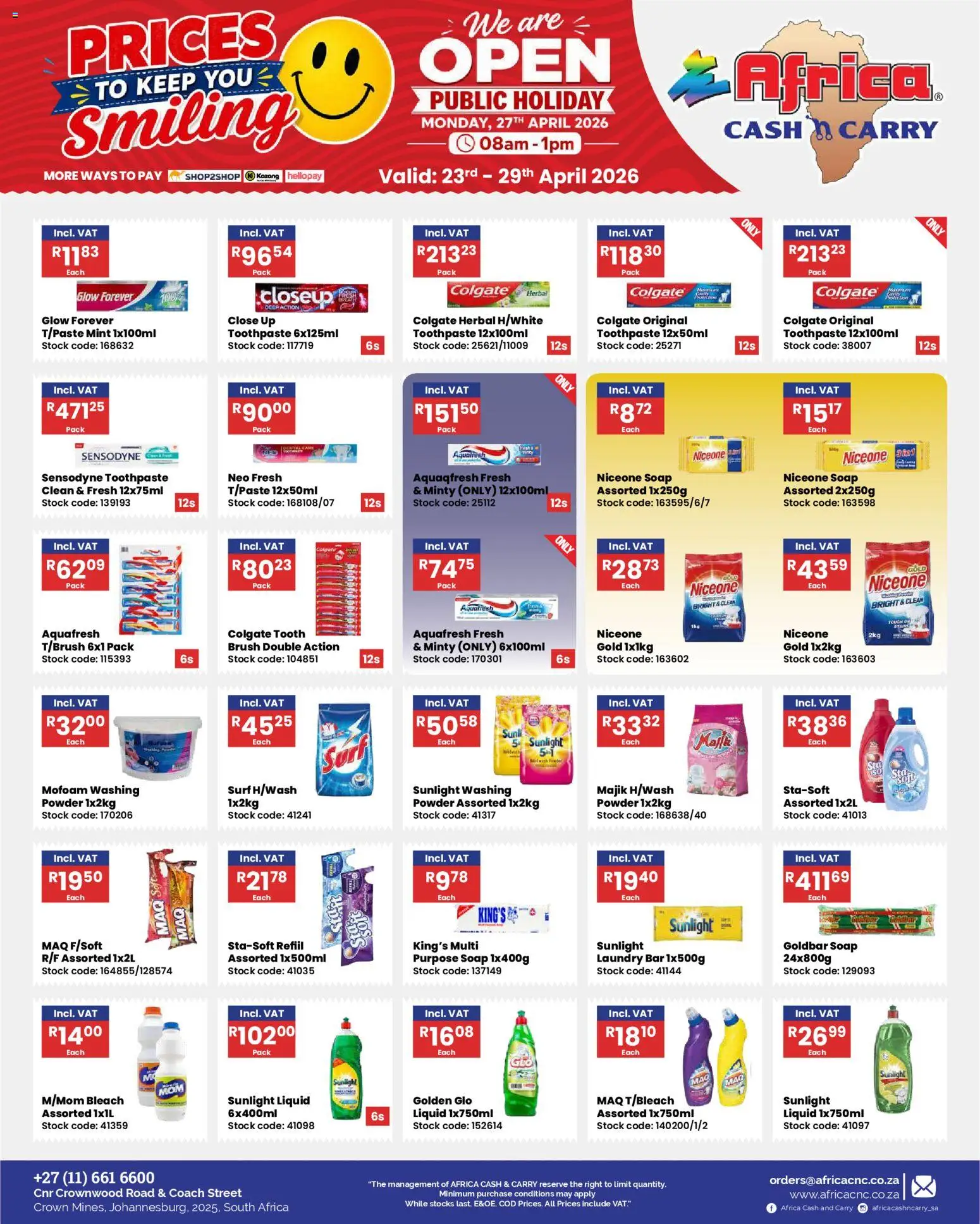 New Africa Cash & Carry catalogue – valid from 23.04.2026 | Page: 11 | Products: Bleach, Powder, Brush, Soap