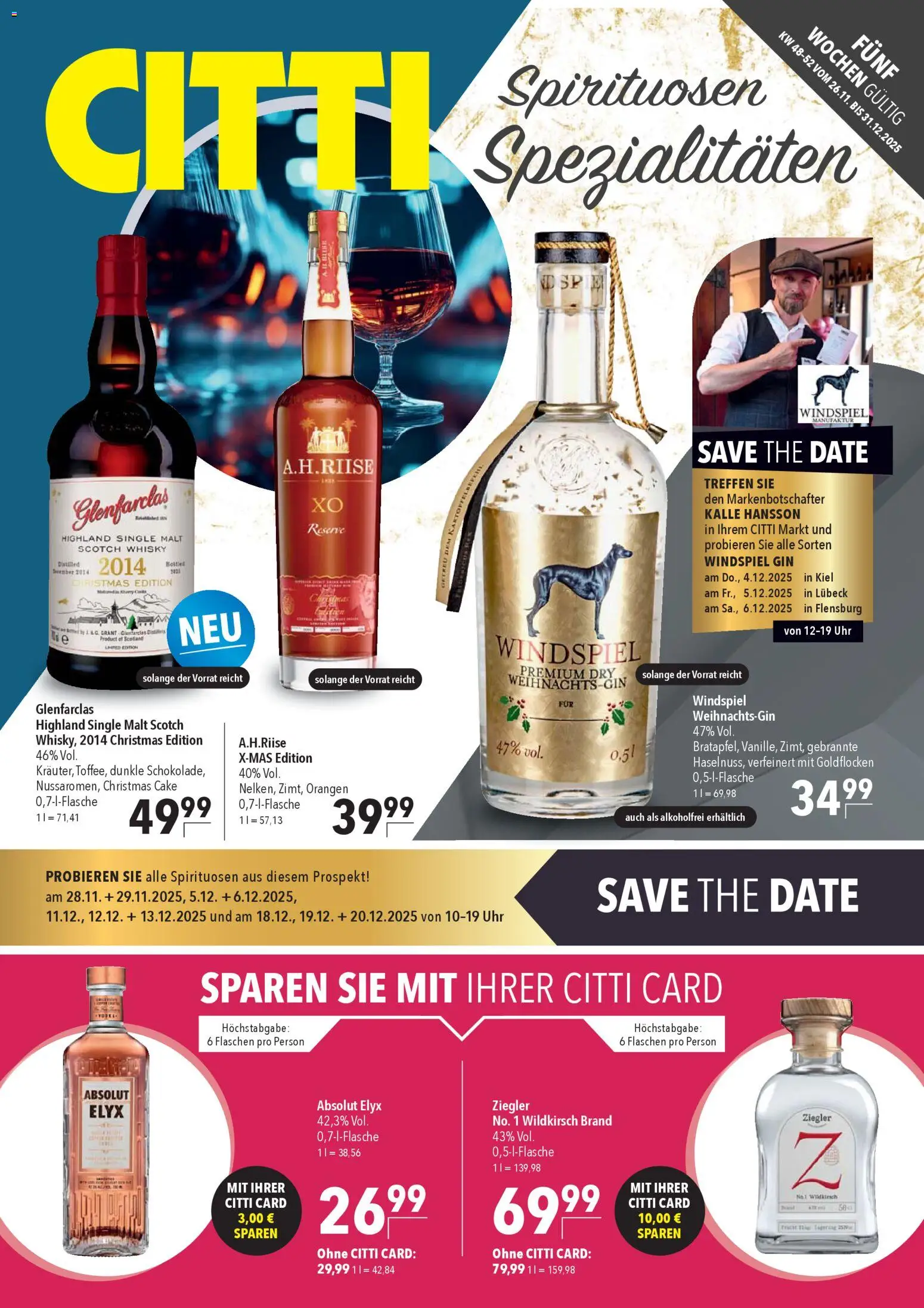 CITTI Markt - Spirituosen-Spezialitäten – gültig ab 26.11.2025 | Seite: 1 | Produkte: Whisky, Orangen, Gin, Uhr