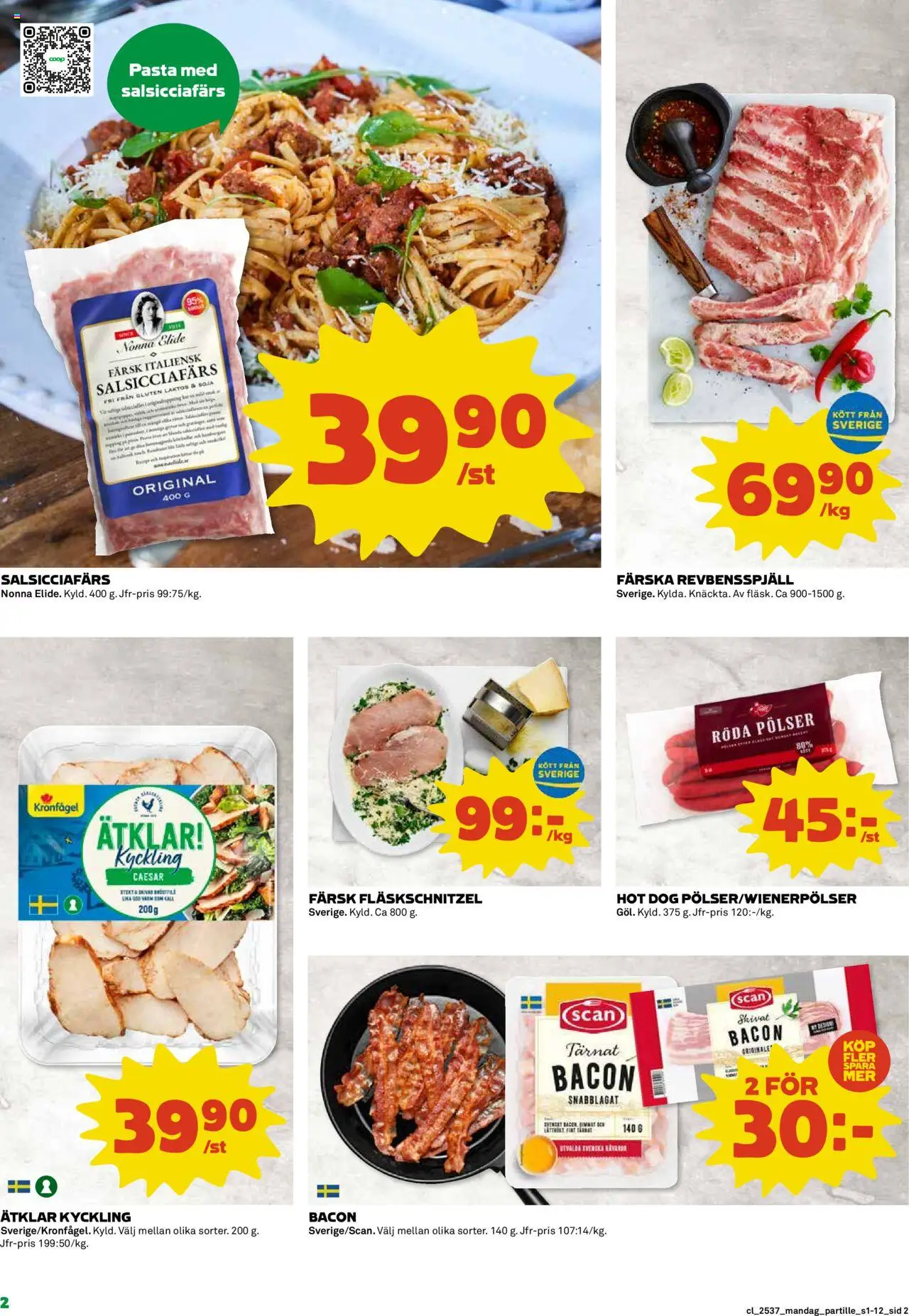 Coop reklamblad aktuell från 08.09.2025 | Sida: 2 | Produkter: Bacon, Revbensspjäll, Soja, Pasta