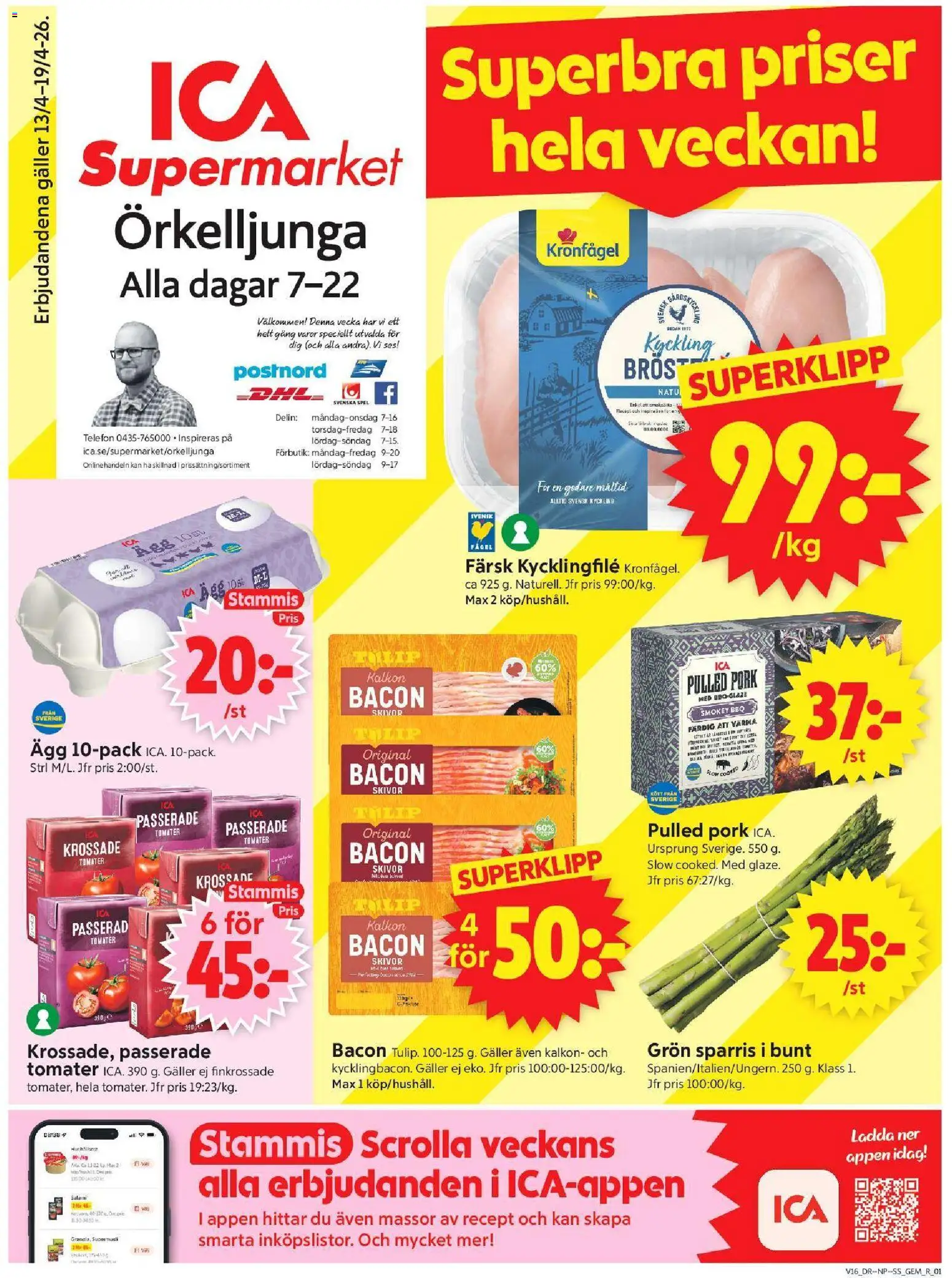 ICA Supermarket reklamblad aktuell från 13.04.2026 | Sida: 1 | Produkter: Galler, Ägg, Tomater, Sparris