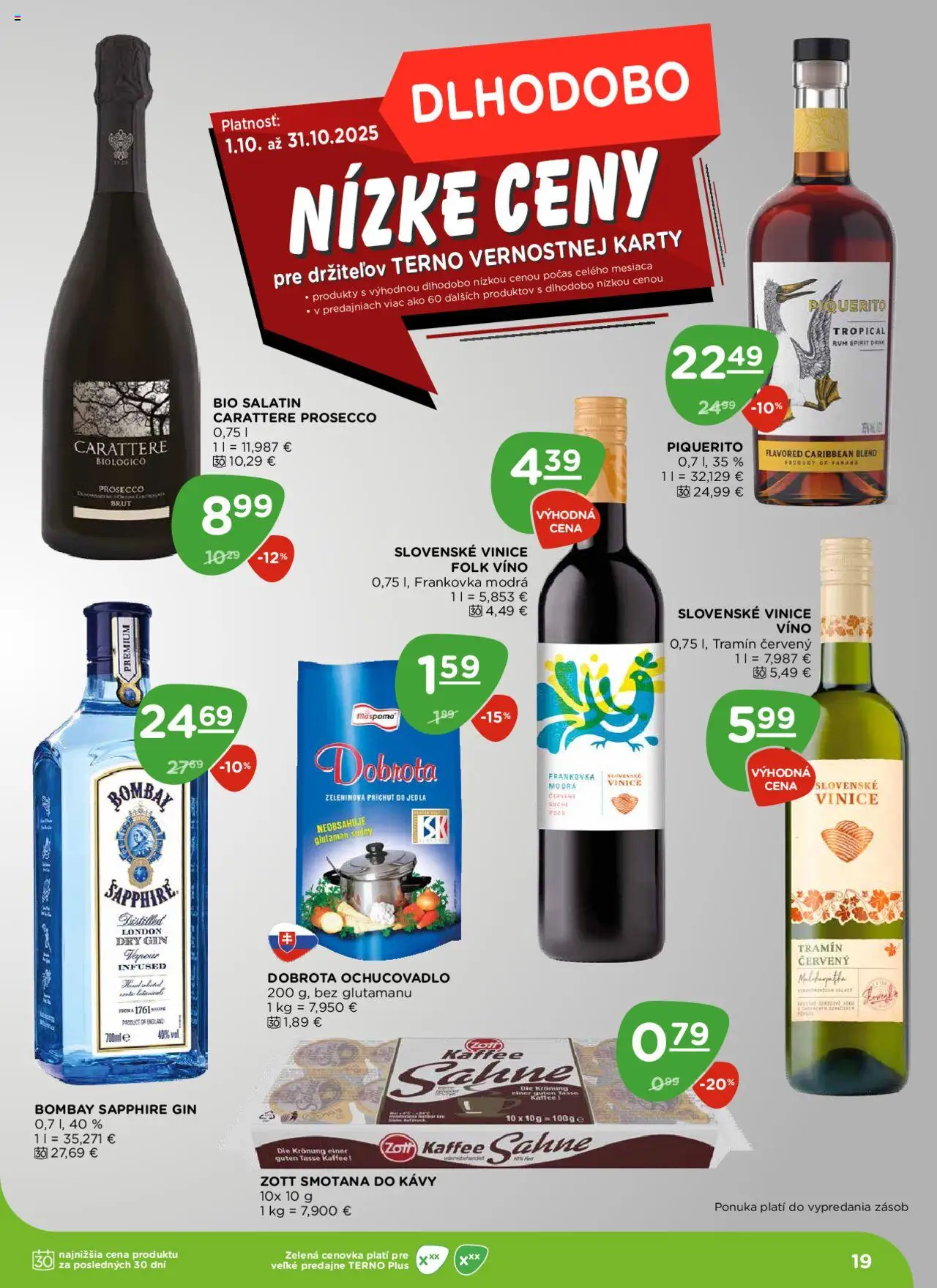Nové Terno akcie – leták je platný od 16.10.2025 | Strana: 19 | Produkty: Víno, Prosecco, Smotana, Rum