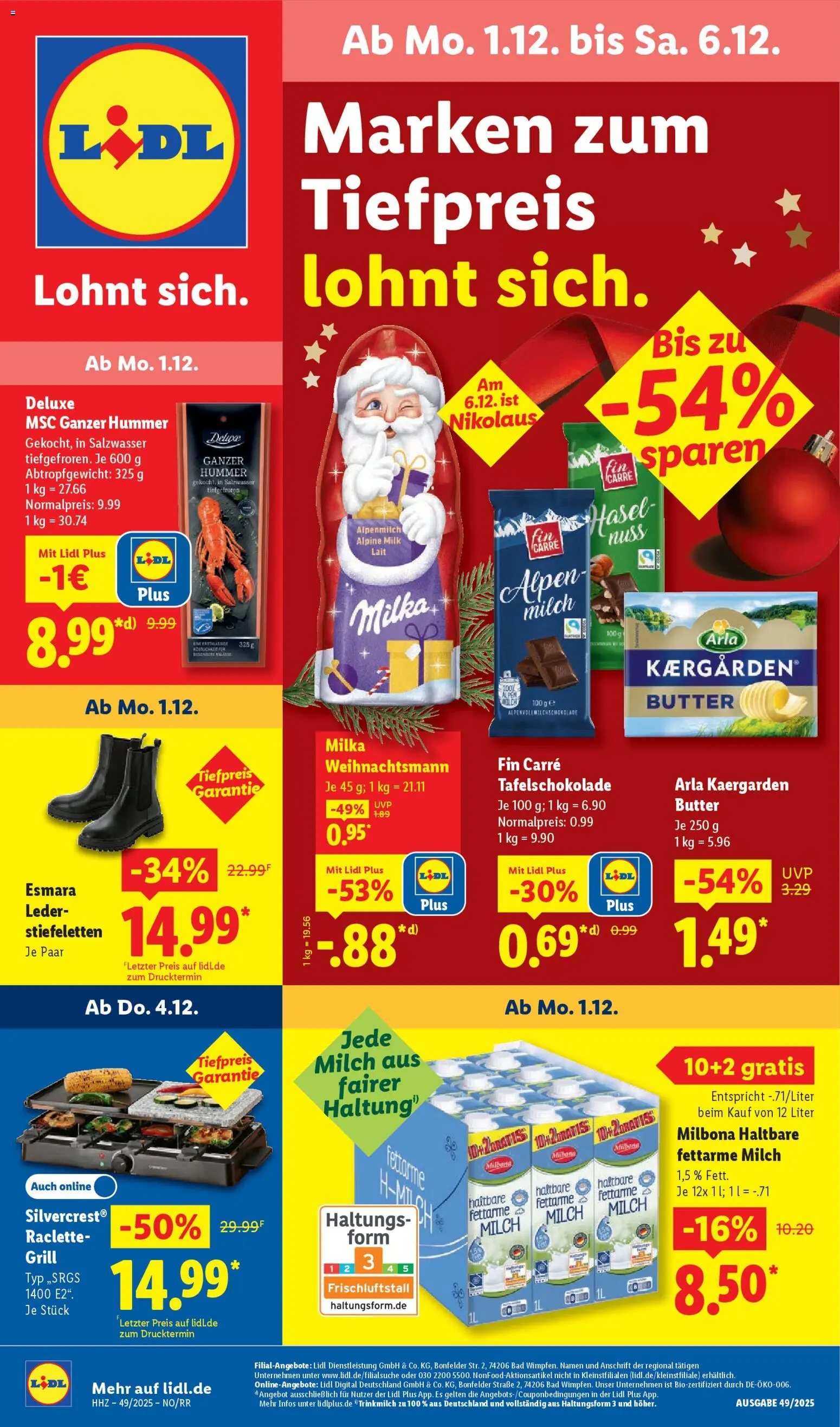 Lidl Prospekt Düsseldorf – gültig ab 01.12.2025 | Seite: 1 | Produkte: Grill, Milch, Butter, Raclette