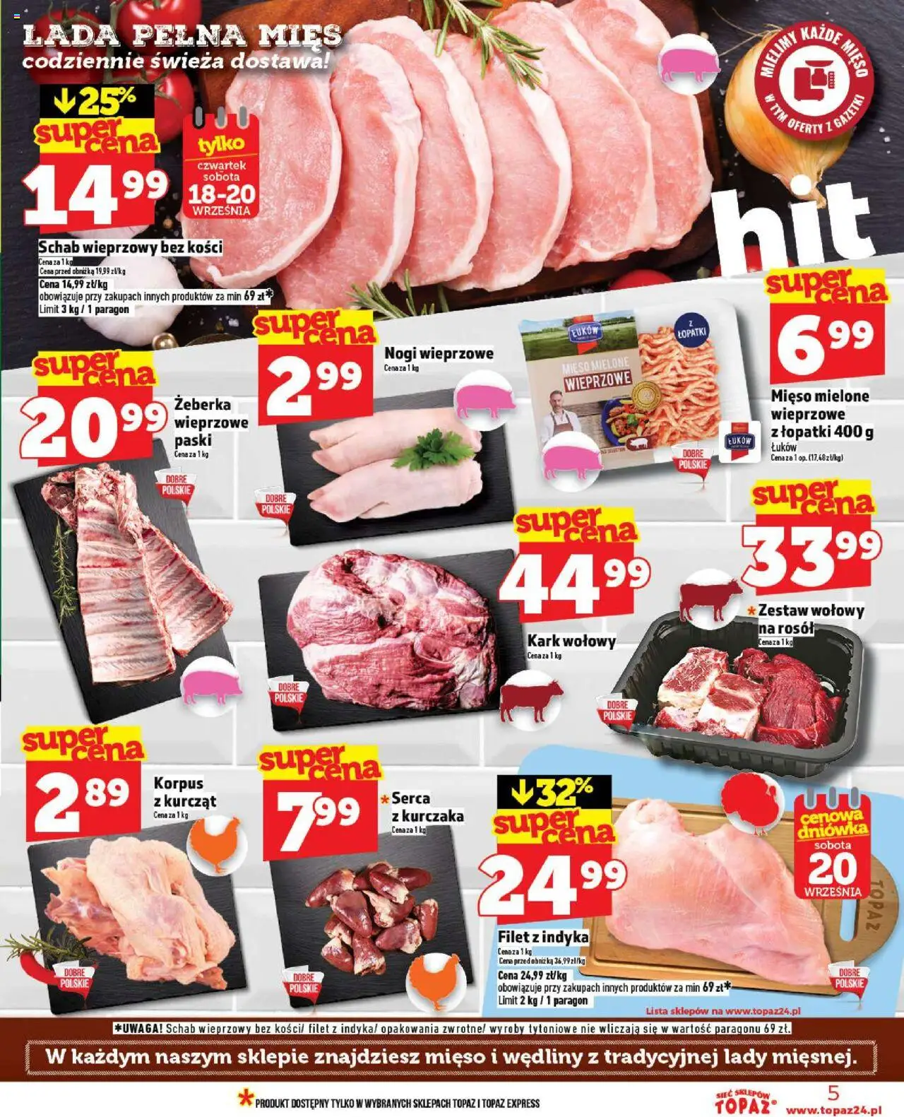 Topaz Gazetka MAZ od 18.09.2025 | Strona: 5 | Produkty: Schab, Mięso, Schab wieprzowy bez kości, Mięso mielone