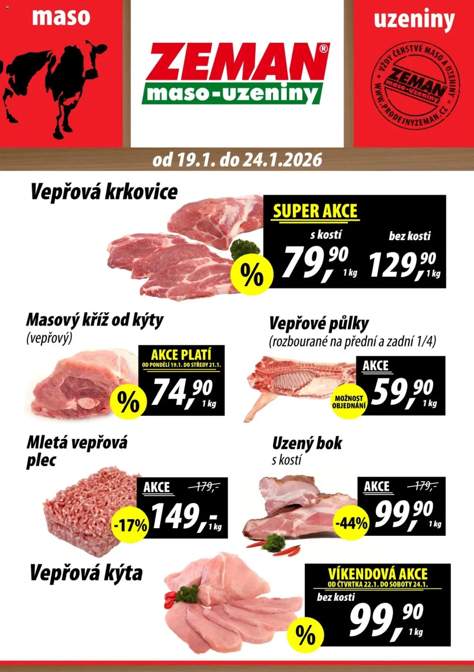 Prodejny Zeman leták od 19.01.2026 | Strana: 1 | Produkty: Vepřové půlky, Maso, Krkovice, Vepřová krkovice